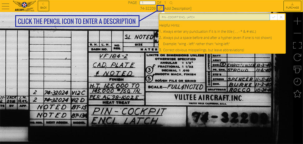 Once this description is entered and approved, this drawing would appear in any search for the terms 'pin', 'cockpit', or 'latch'.