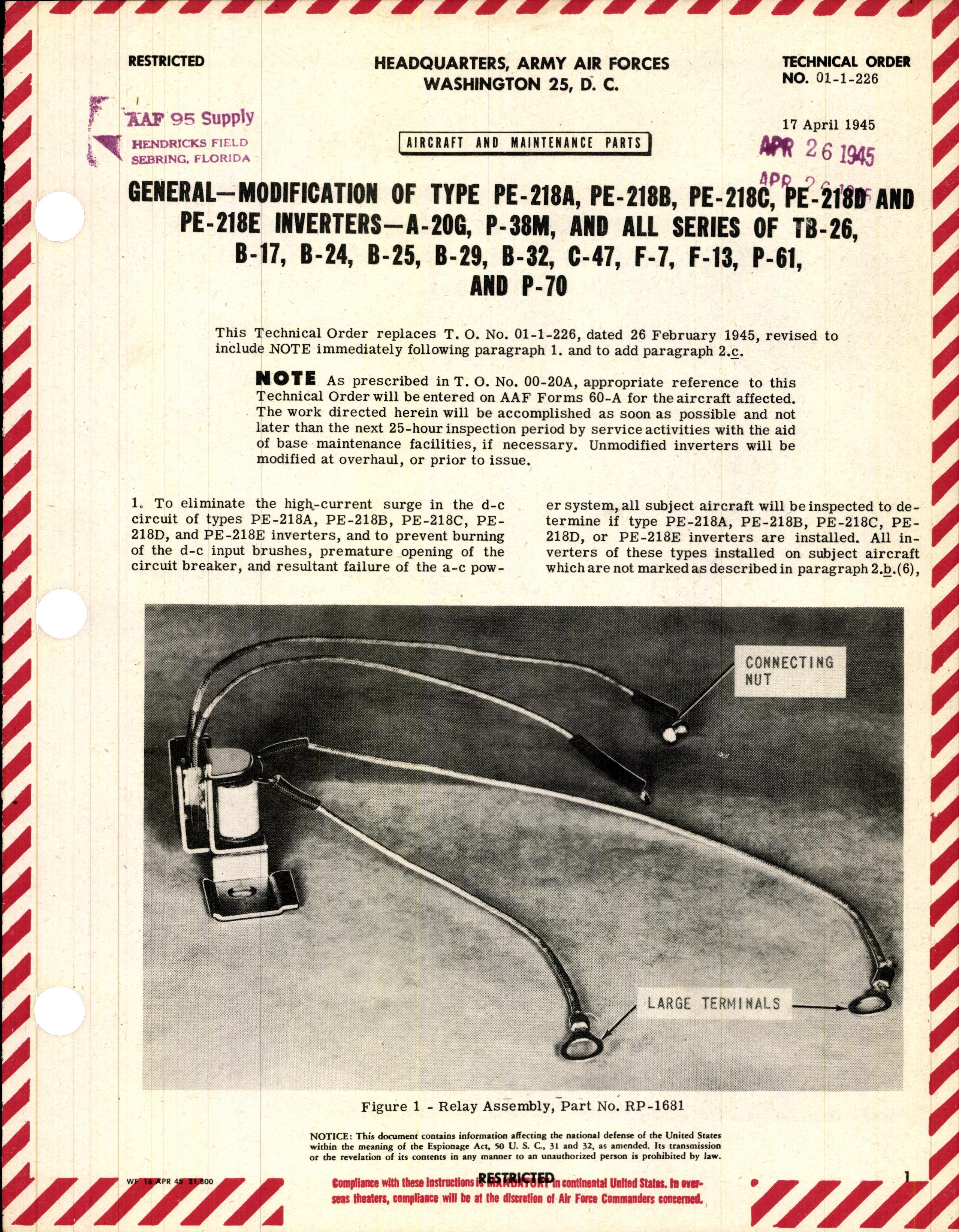 Sample page 1 from AirCorps Library document: Modification of Type PE-218A, B, C, D, and E Inverters