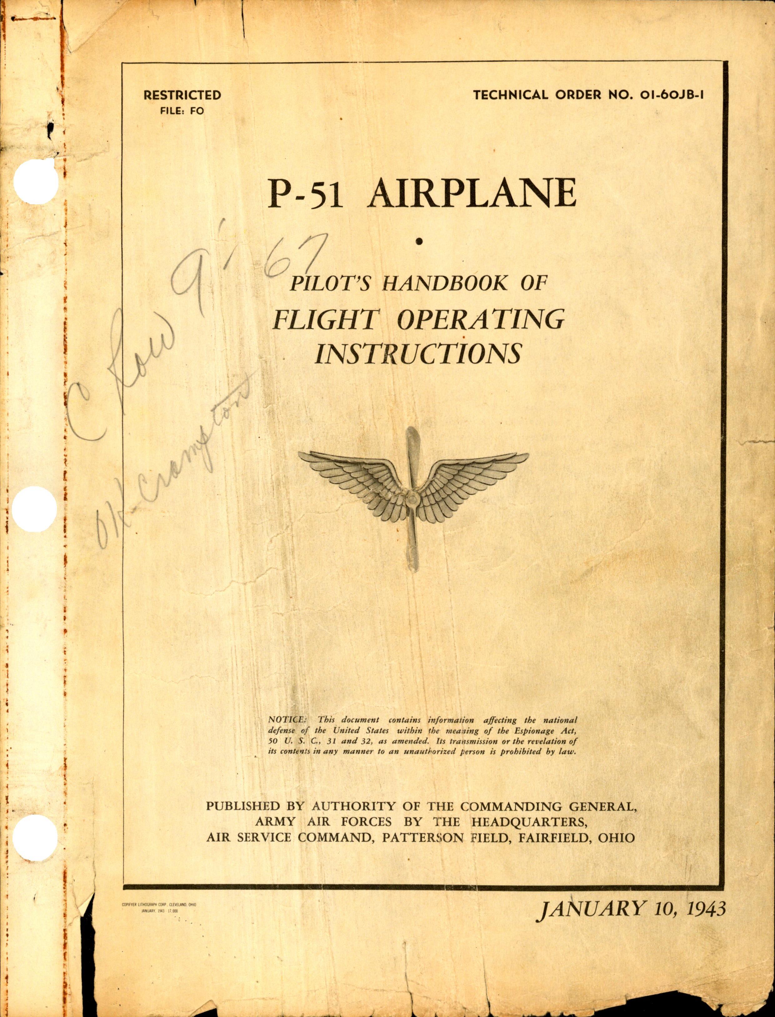 Sample page 1 from AirCorps Library document: P-51 Airplane Pilots Handbook of Flight Operating Instructions