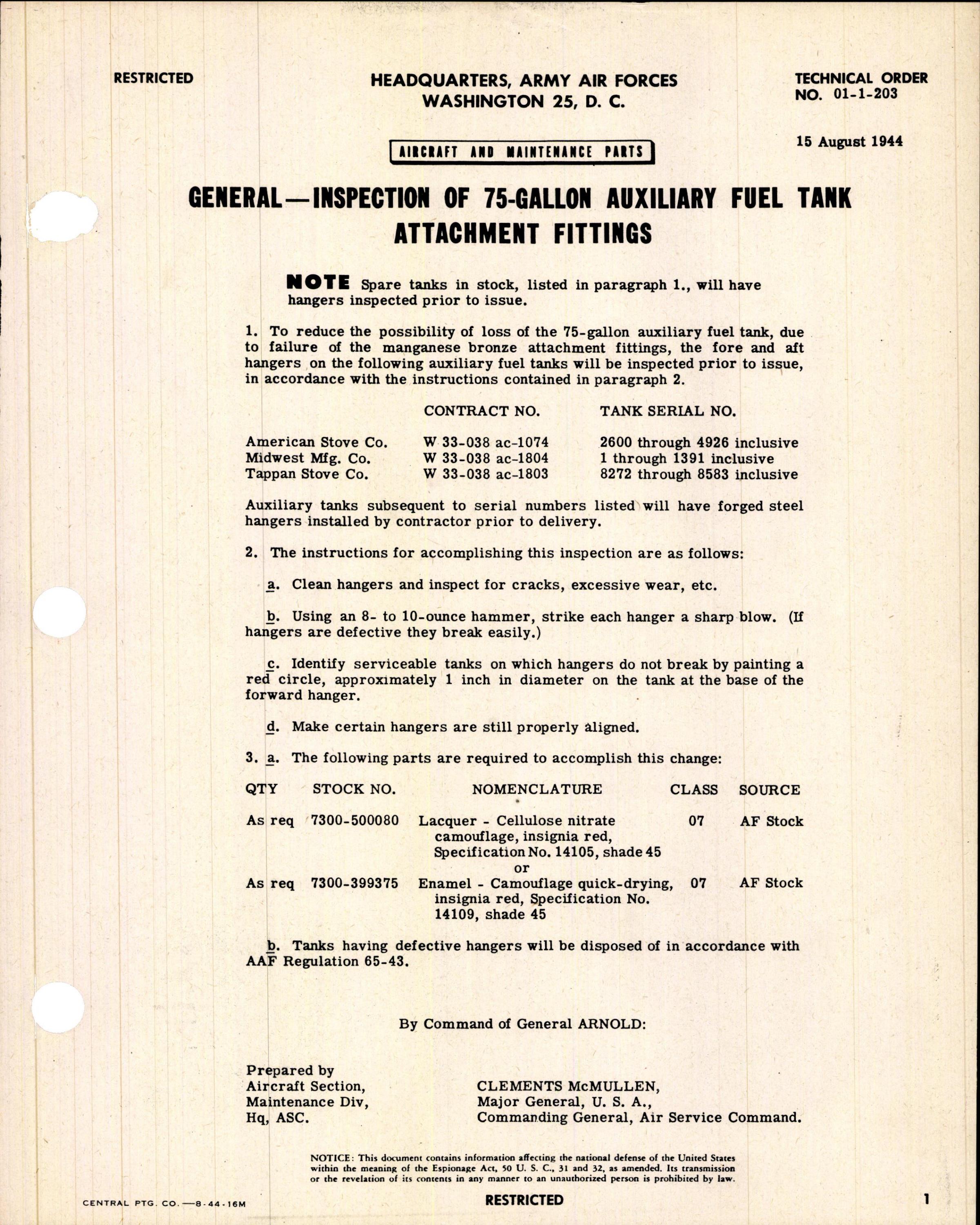 Sample page 1 from AirCorps Library document: Inspection of 75-Gallon Auxiliary Fuel Tank Attachment Fittings