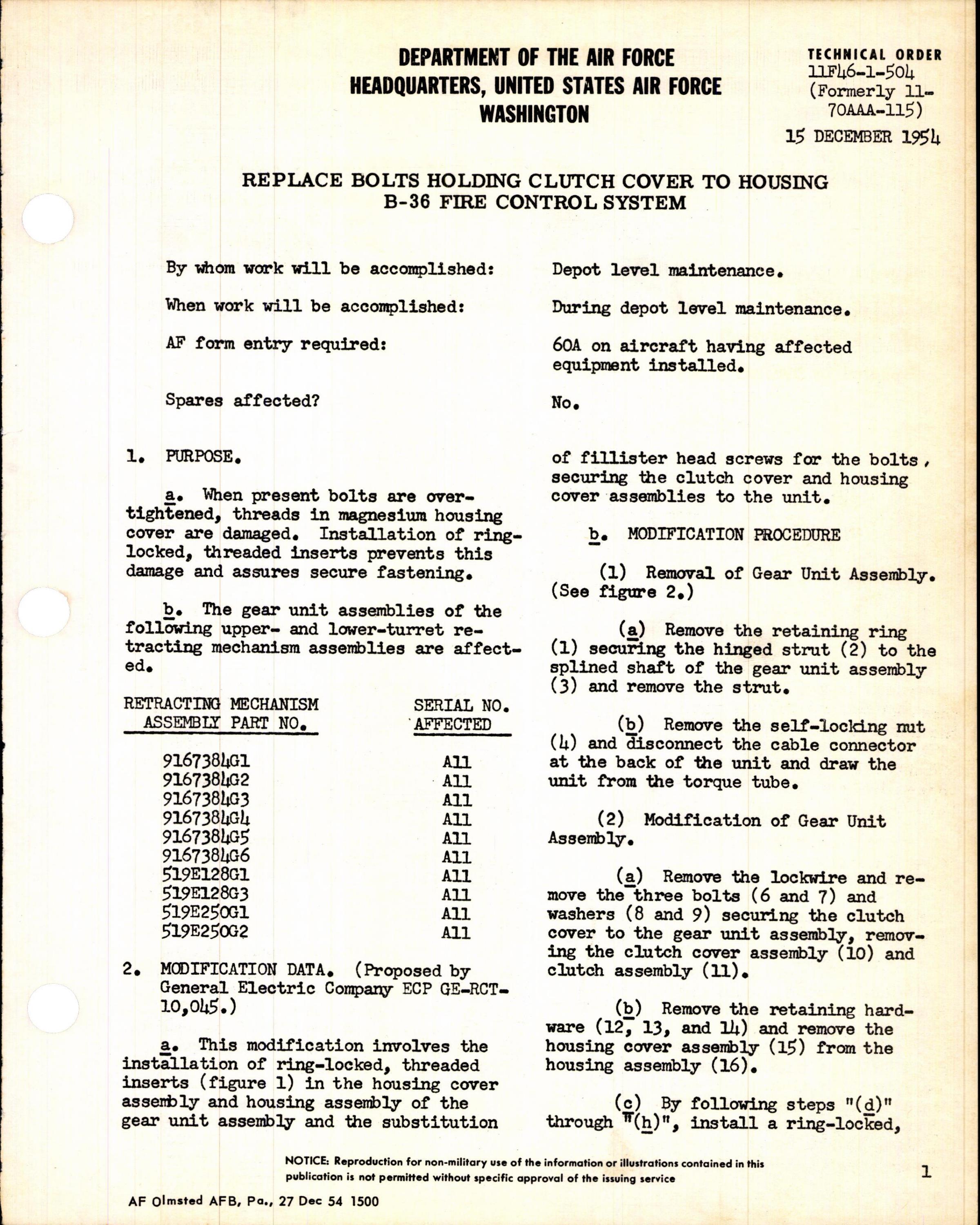 Sample page 1 from AirCorps Library document: Replace Bolts Holding Clutch Cover to Housing for B-36 FIre Control System