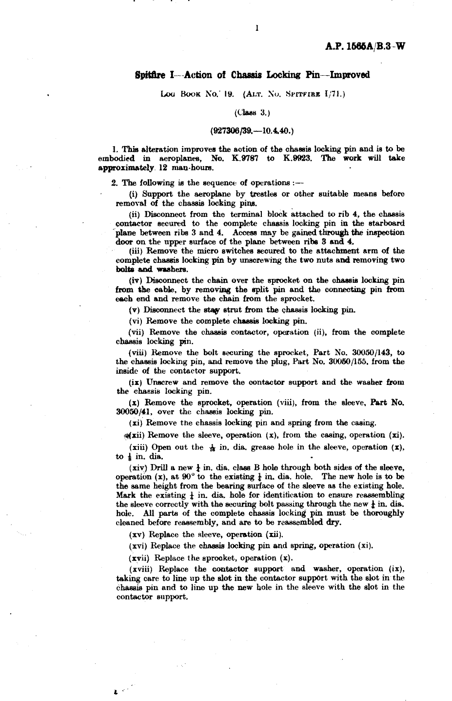 Sample page 1 from AirCorps Library document: Spitfire I Action of Chassis Locking Pin Improved