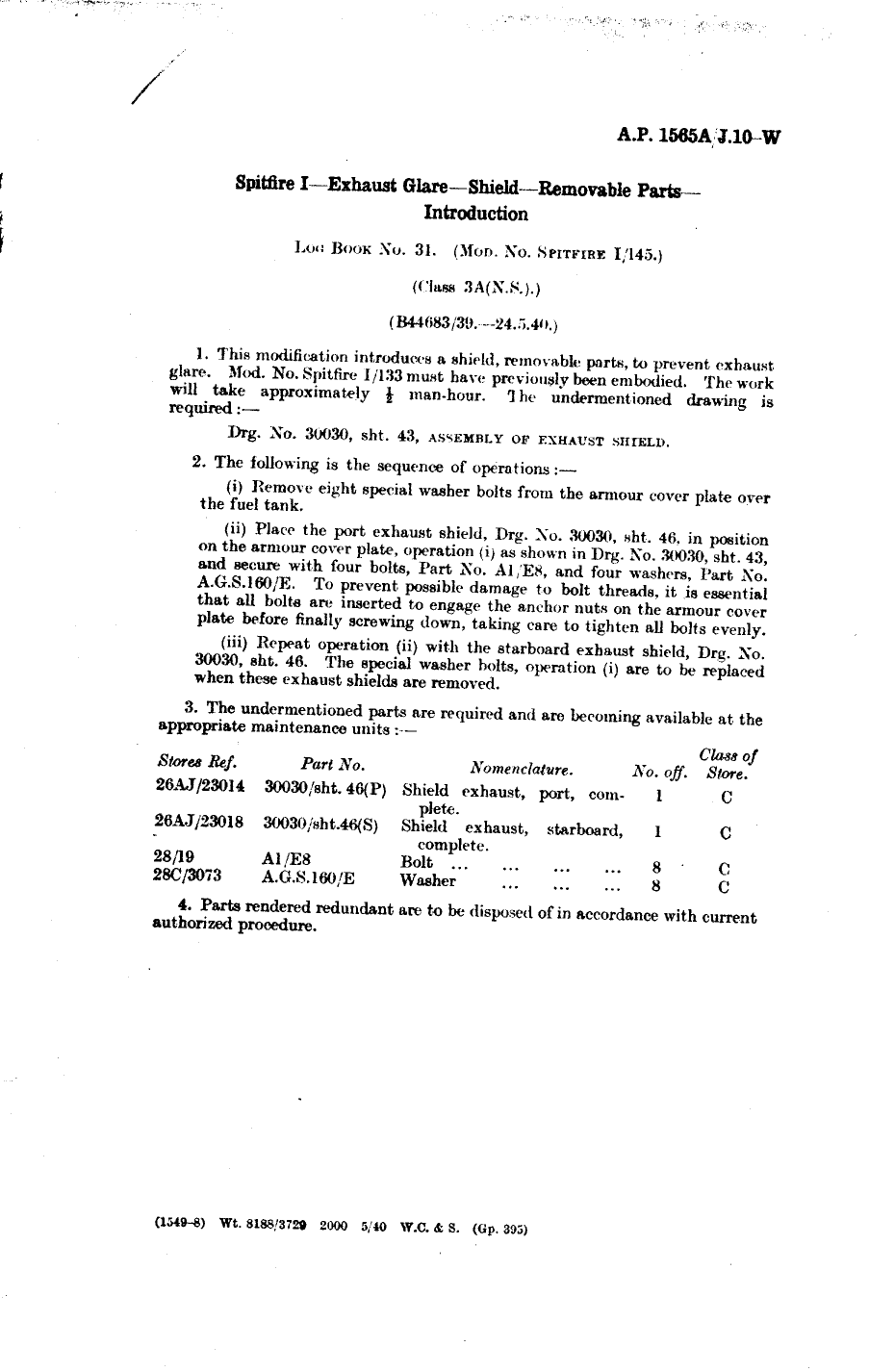 Sample page 1 from AirCorps Library document: Spitfire I Exhaust Glare Shield Removable Parts Introduction