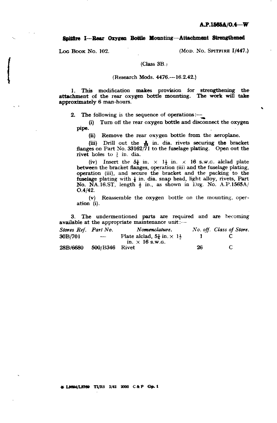 Sample page 1 from AirCorps Library document: Spitfire I Rear Oxygen Bottle Mounting Attachment Strengthened