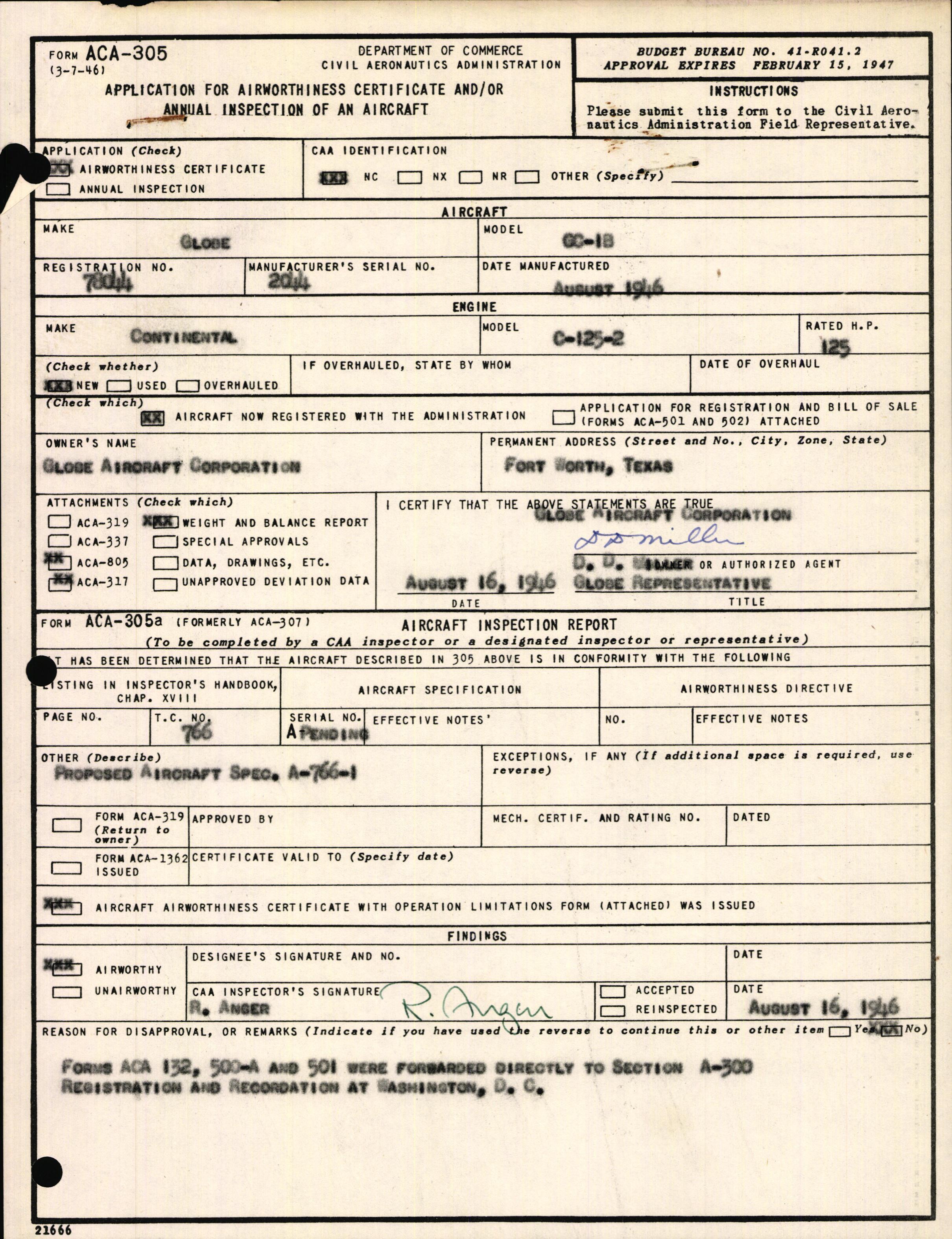 Sample page 1 from AirCorps Library document: Technical Information for Serial Number 2044