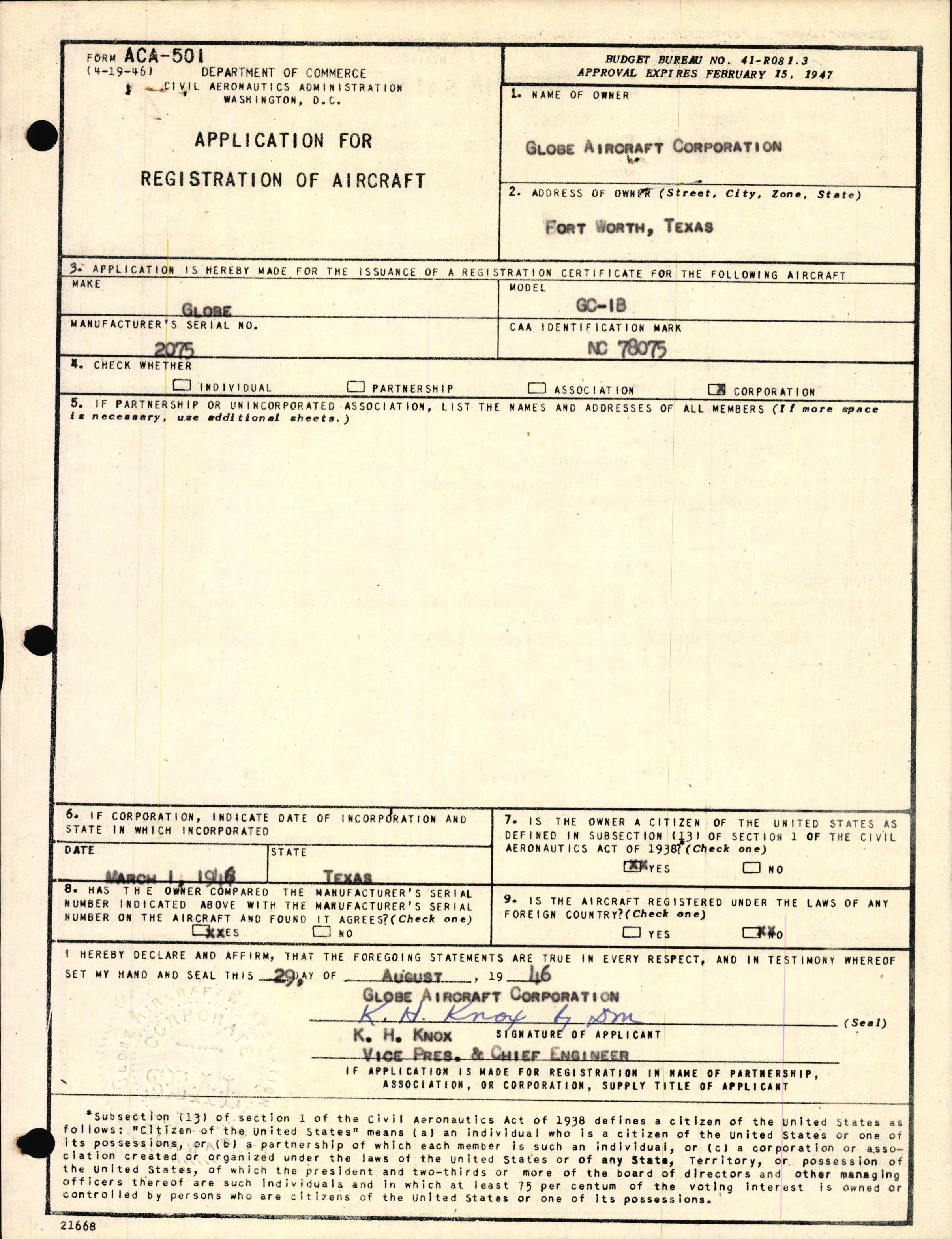 Sample page 1 from AirCorps Library document: Technical Information for Serial Number 2075