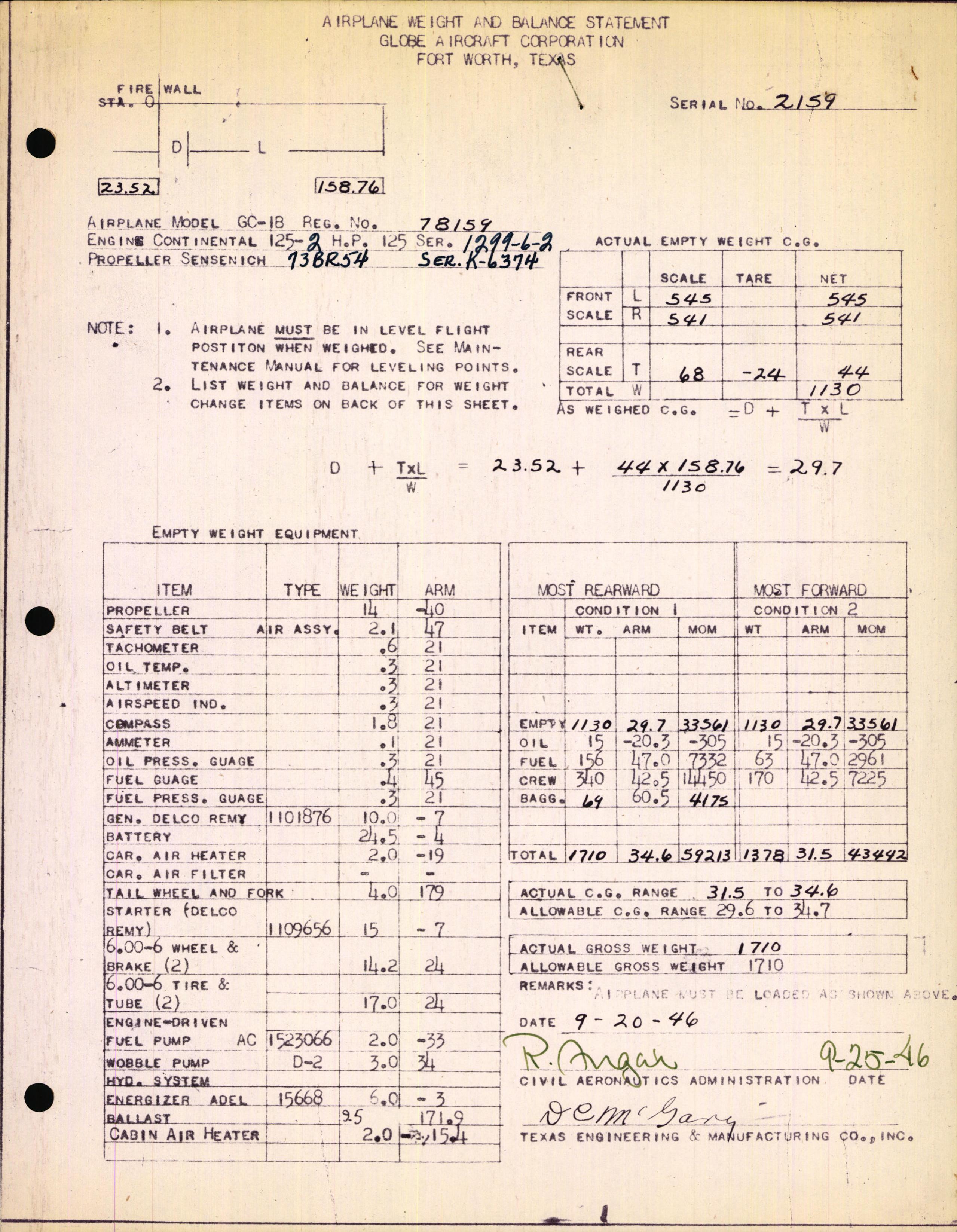 Sample page 1 from AirCorps Library document: Technical Information for Serial Number 2159