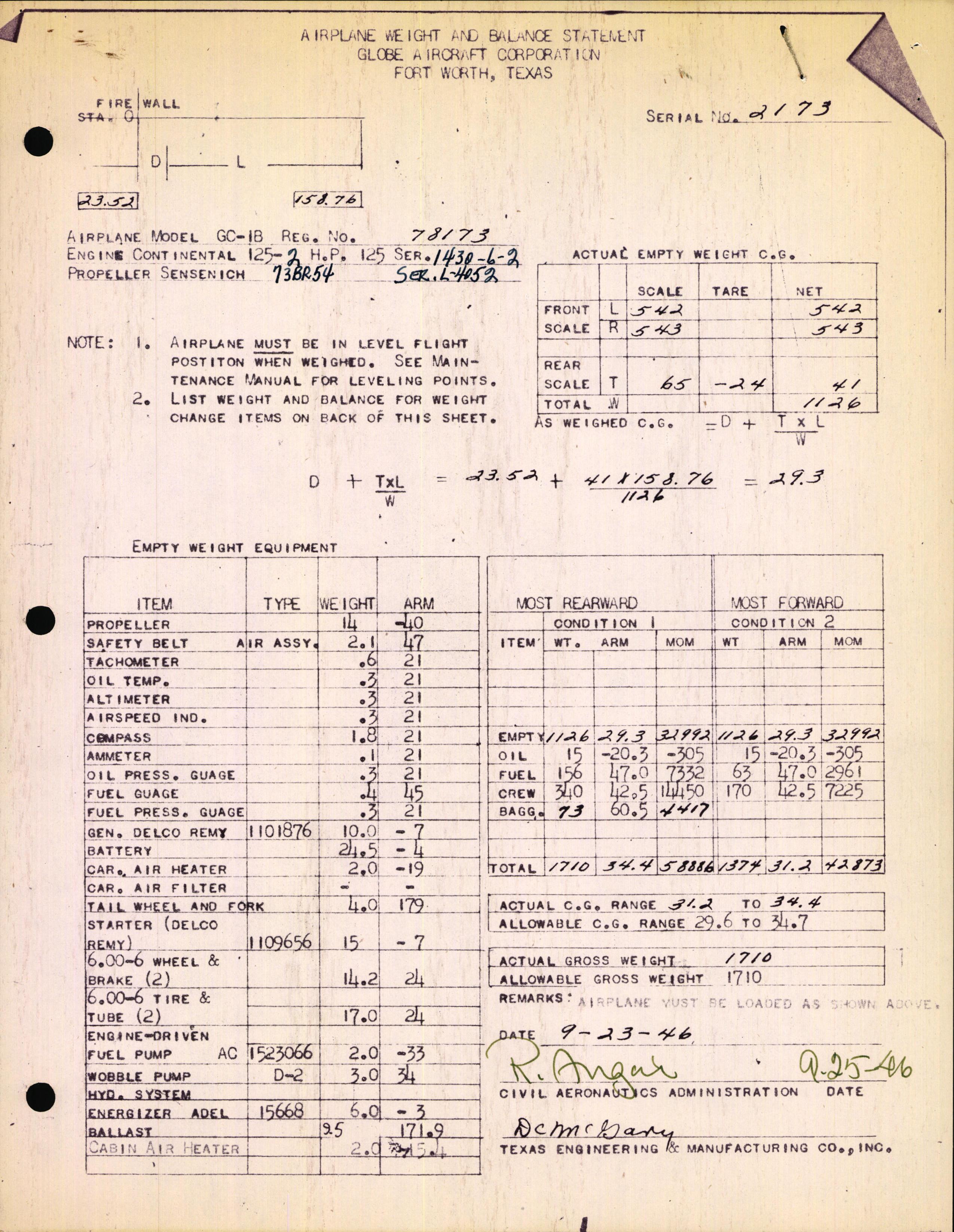 Sample page 1 from AirCorps Library document: Technical Information for Serial Number 2173