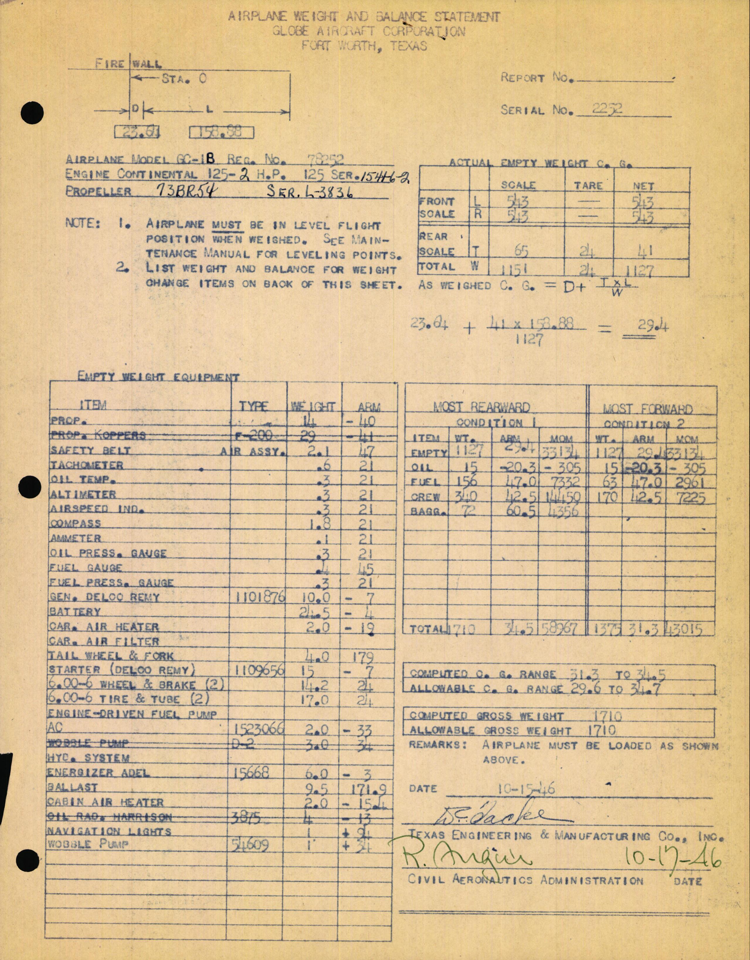 Sample page 1 from AirCorps Library document: Technical Information for Serial Number 2252