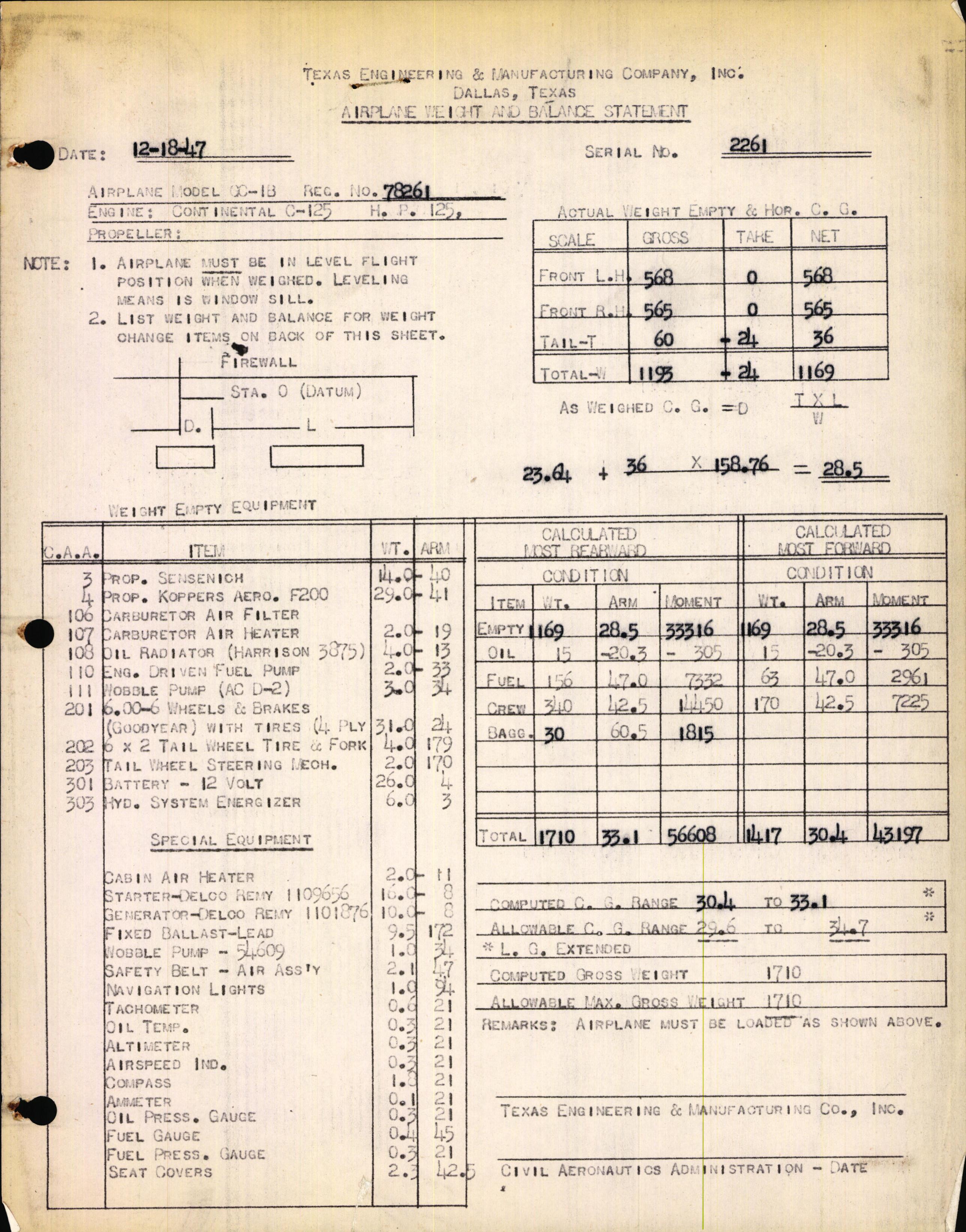 Sample page 1 from AirCorps Library document: Technical Information for Serial Number 2261
