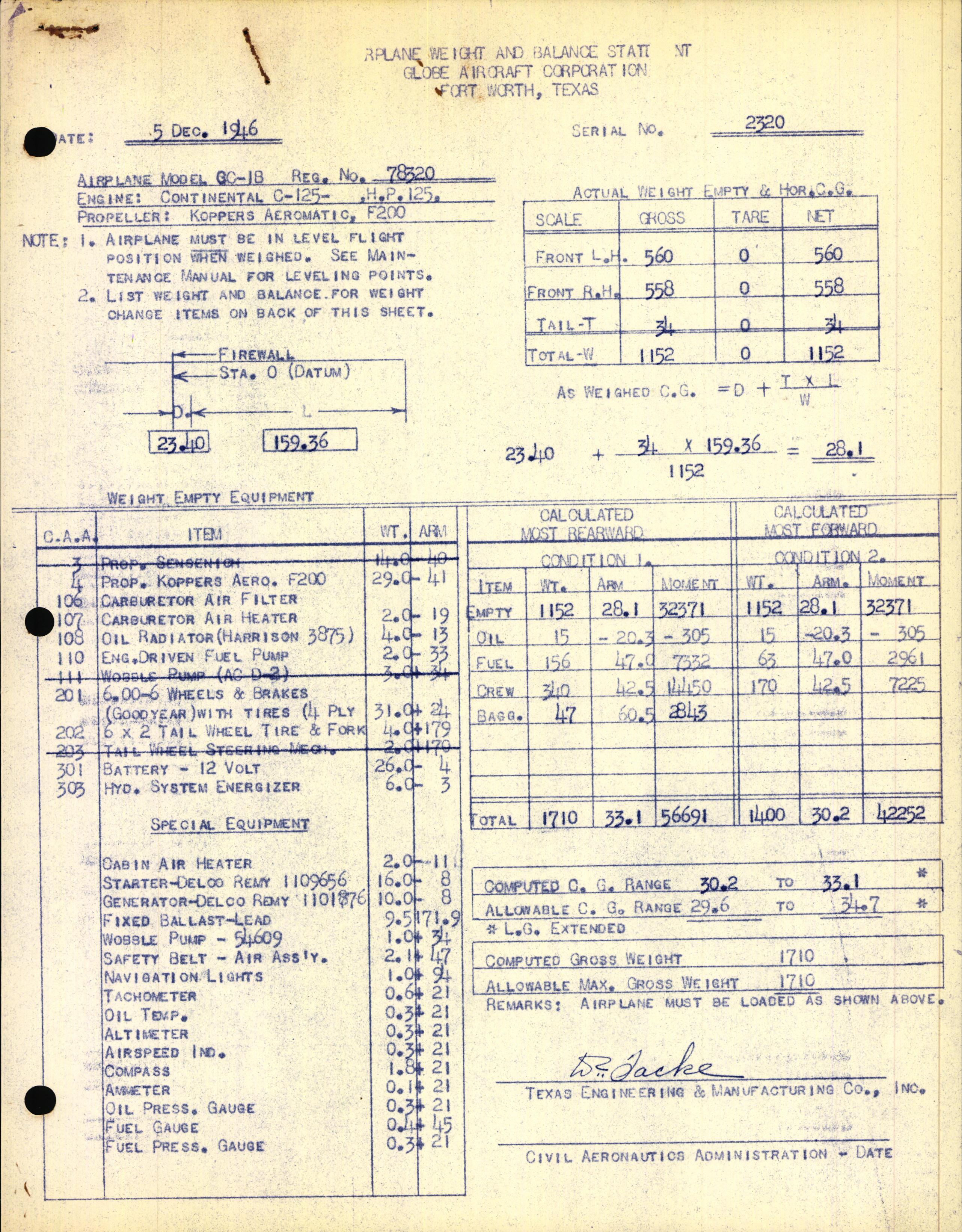 Sample page 1 from AirCorps Library document: Technical Information for Serial Number 2320