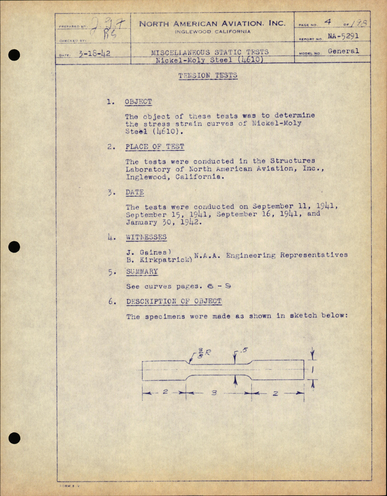 Sample page 7 from AirCorps Library document: Miscellaneous Static Test on Nickel-Moly Steel (4610) Sheet