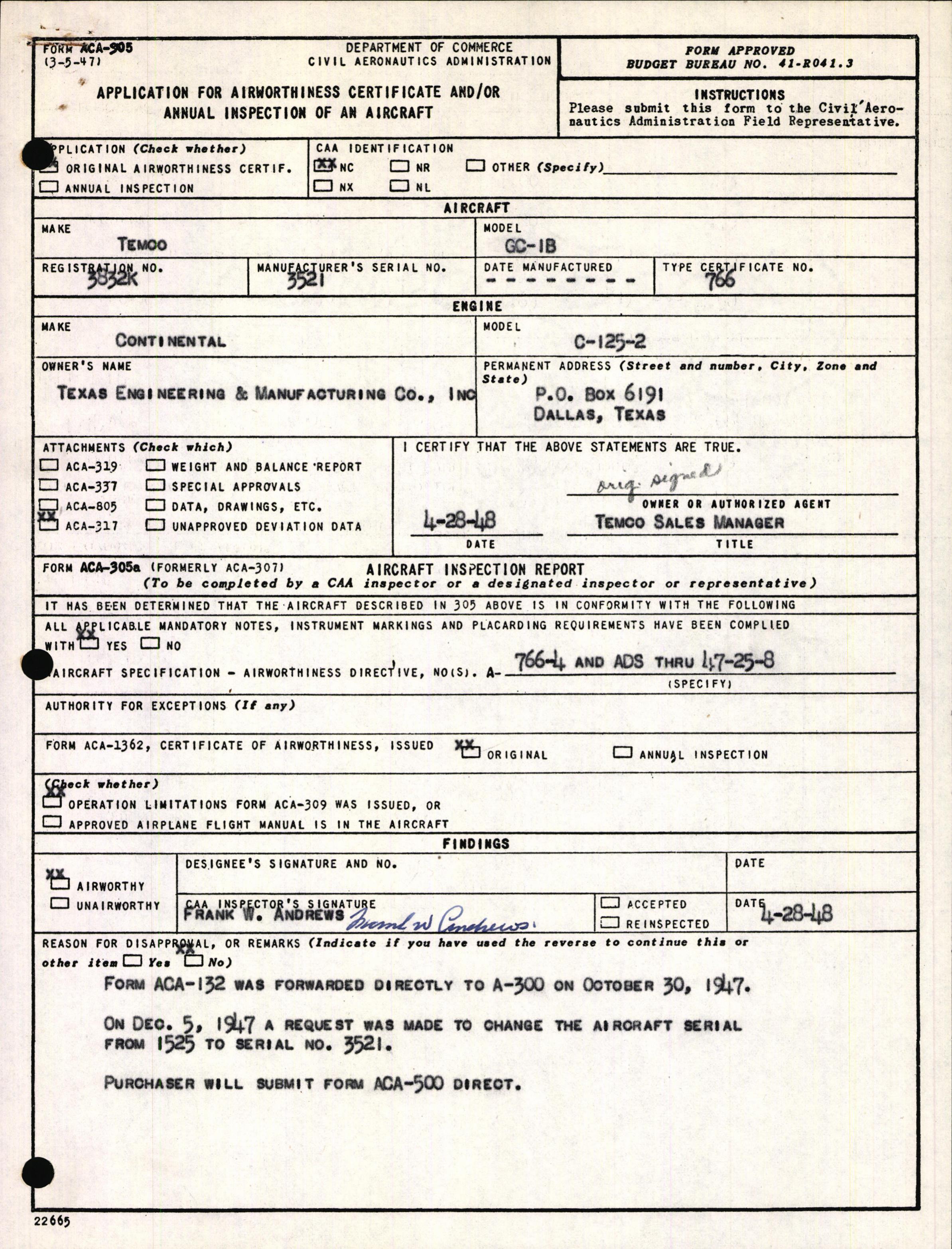 Sample page 1 from AirCorps Library document: Technical Information for Serial Number 3521