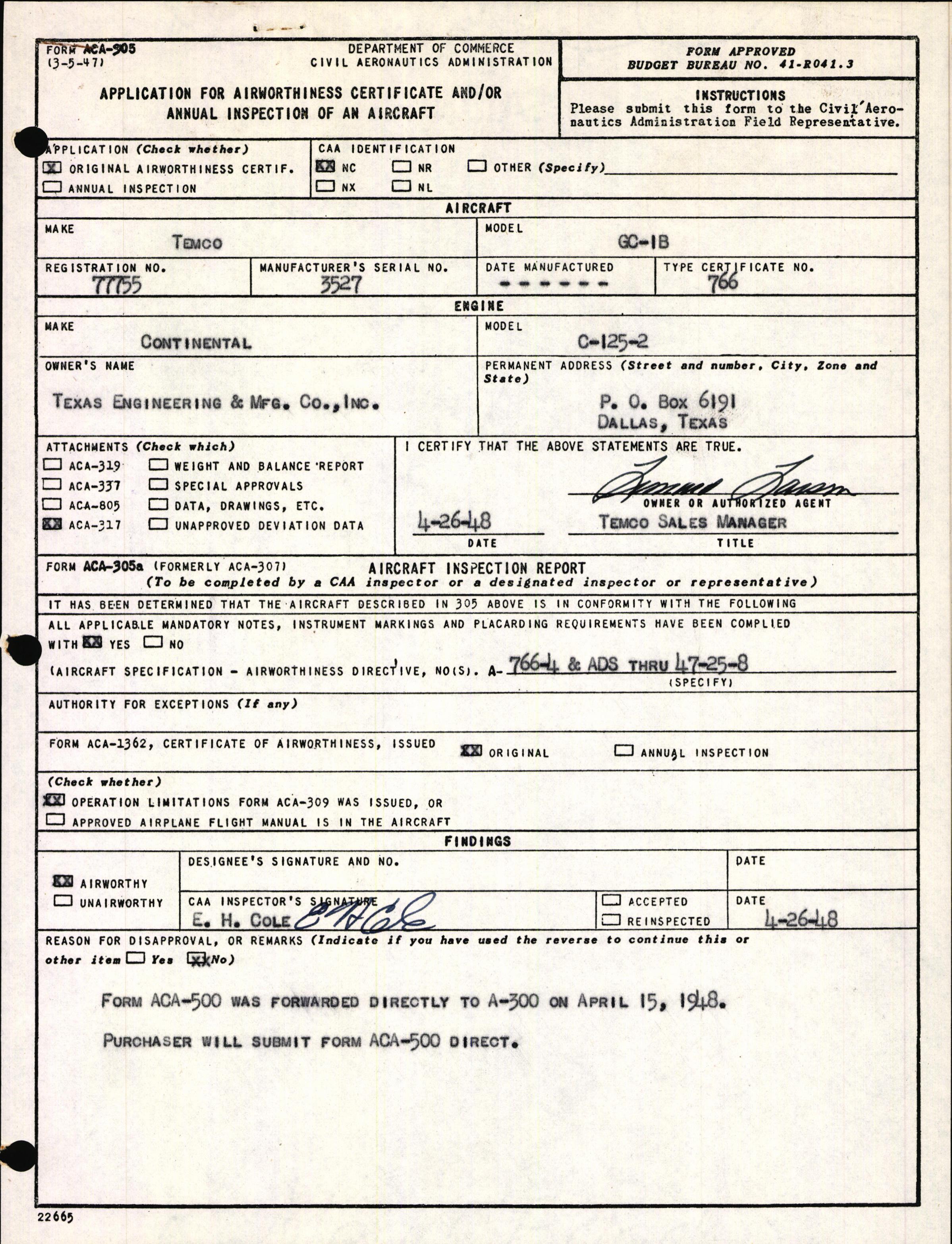 Sample page 1 from AirCorps Library document: Technical Information for Serial Number 3527