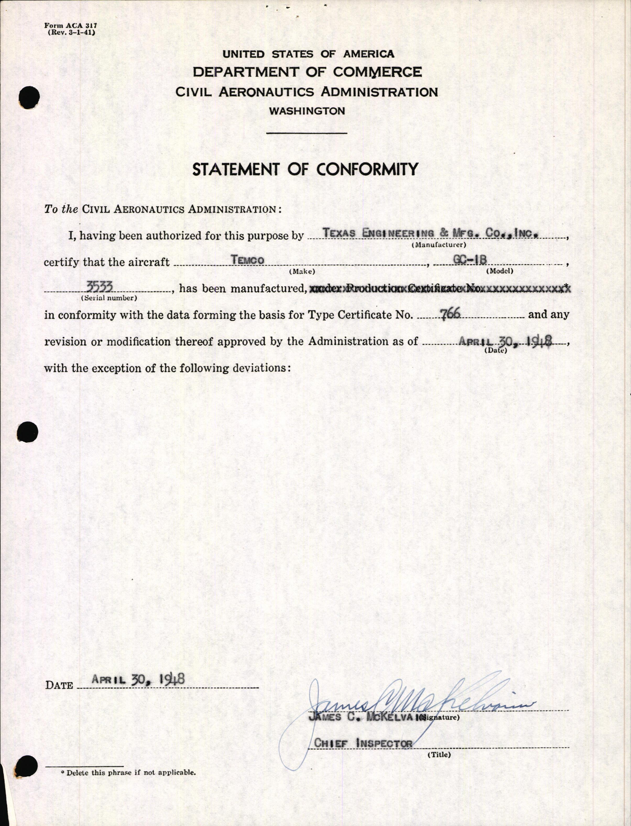 Sample page 3 from AirCorps Library document: Technical Information for Serial Number 3533