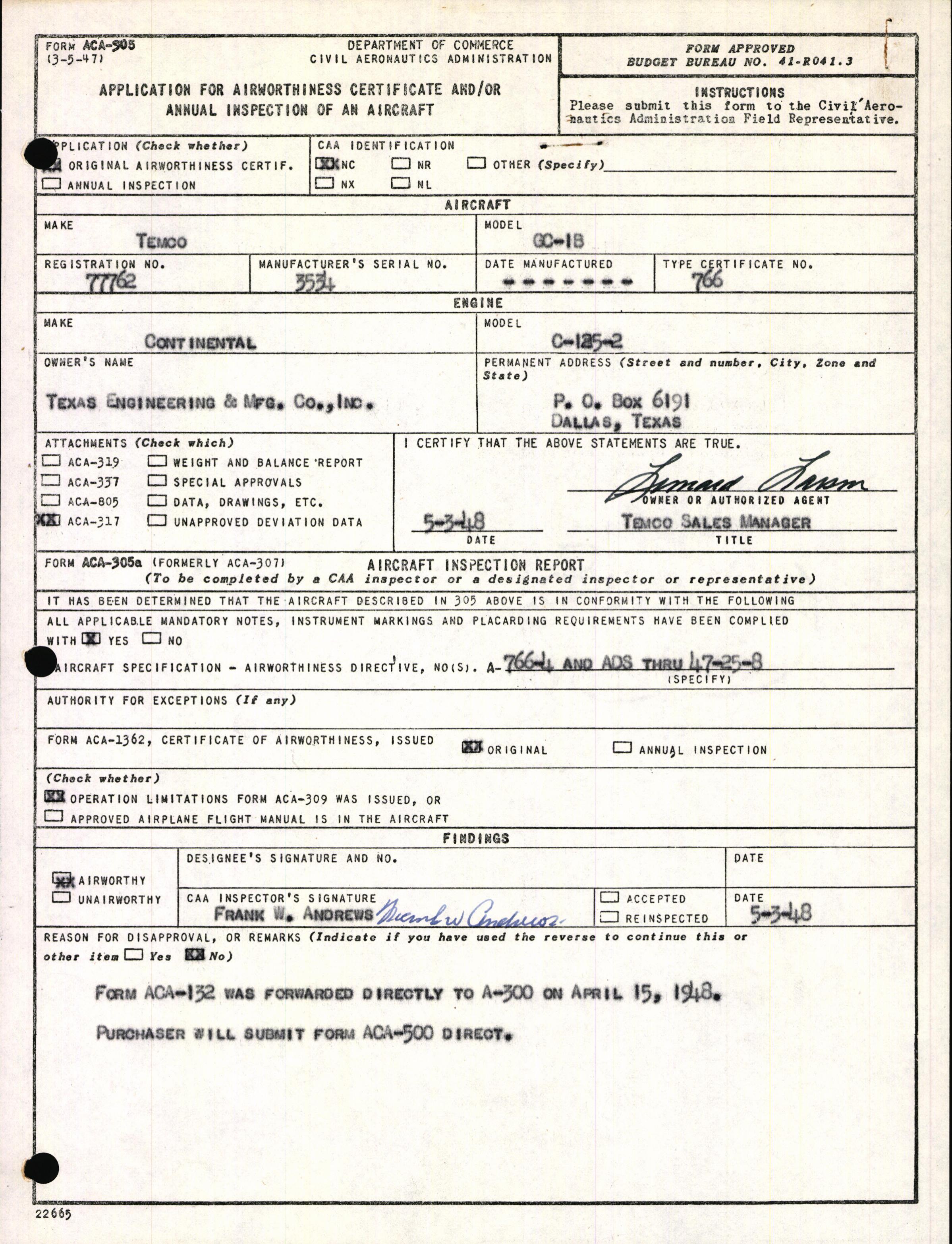 Sample page 1 from AirCorps Library document: Technical Information for Serial Number 3534