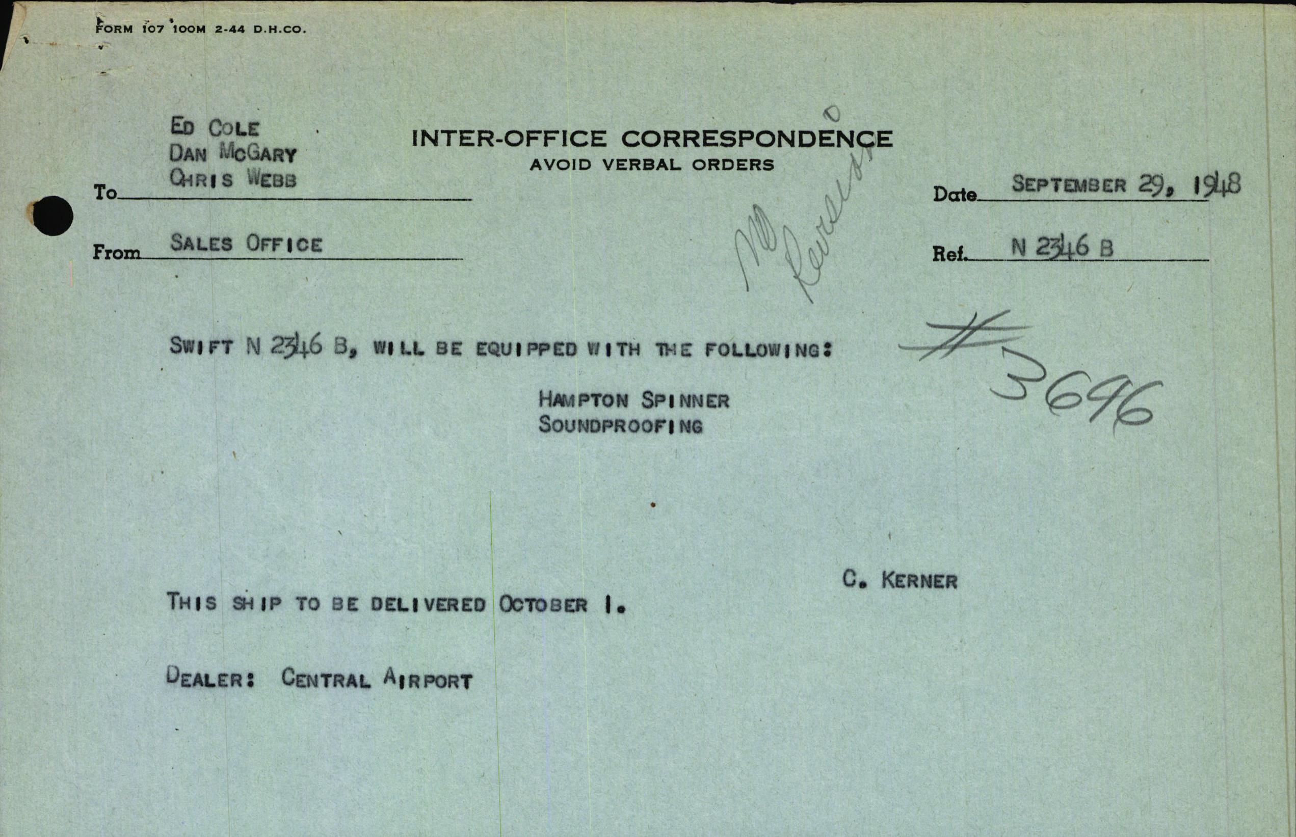 Sample page 1 from AirCorps Library document: Technical Information for Serial Number 3646