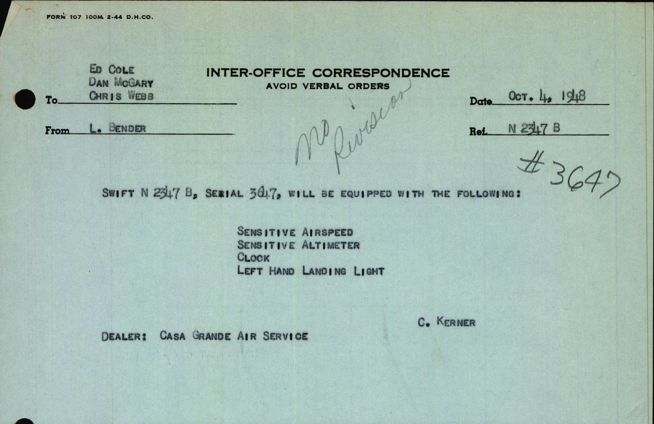 Sample page 1 from AirCorps Library document: Technical Information for Serial Number 3647