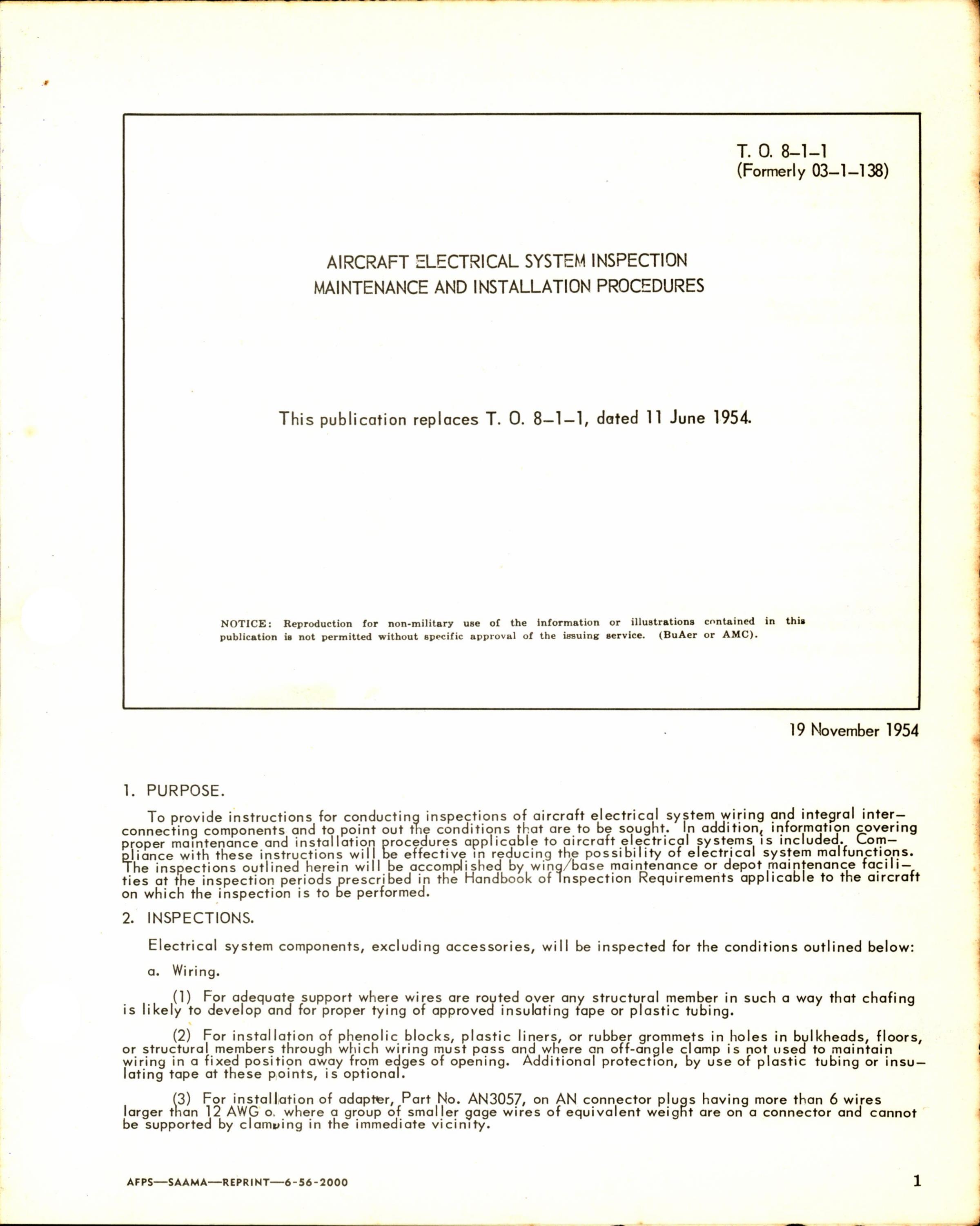Sample page 1 from AirCorps Library document: Aircraft Electrical System Inspection Maintenance and Installation Procedures