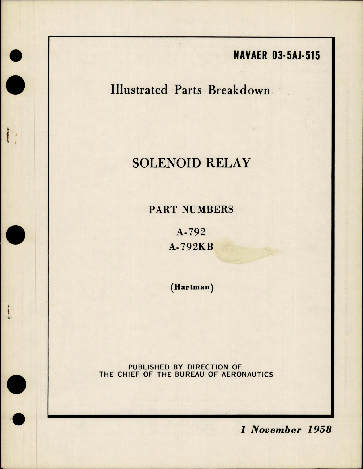 Sample page 1 from AirCorps Library document: Illustrated Parts Breakdown for Solenoid Relay - Parts A-792 and A792KB 