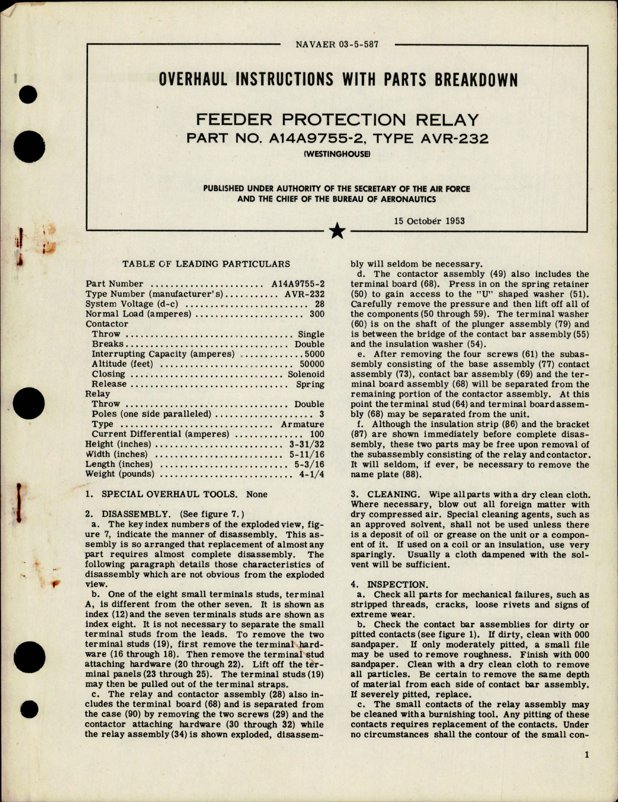 Sample page 1 from AirCorps Library document: Overhaul Instructions with Parts for Feeder Protection Relay - Part A14A9755-2 - Type AVR-232 