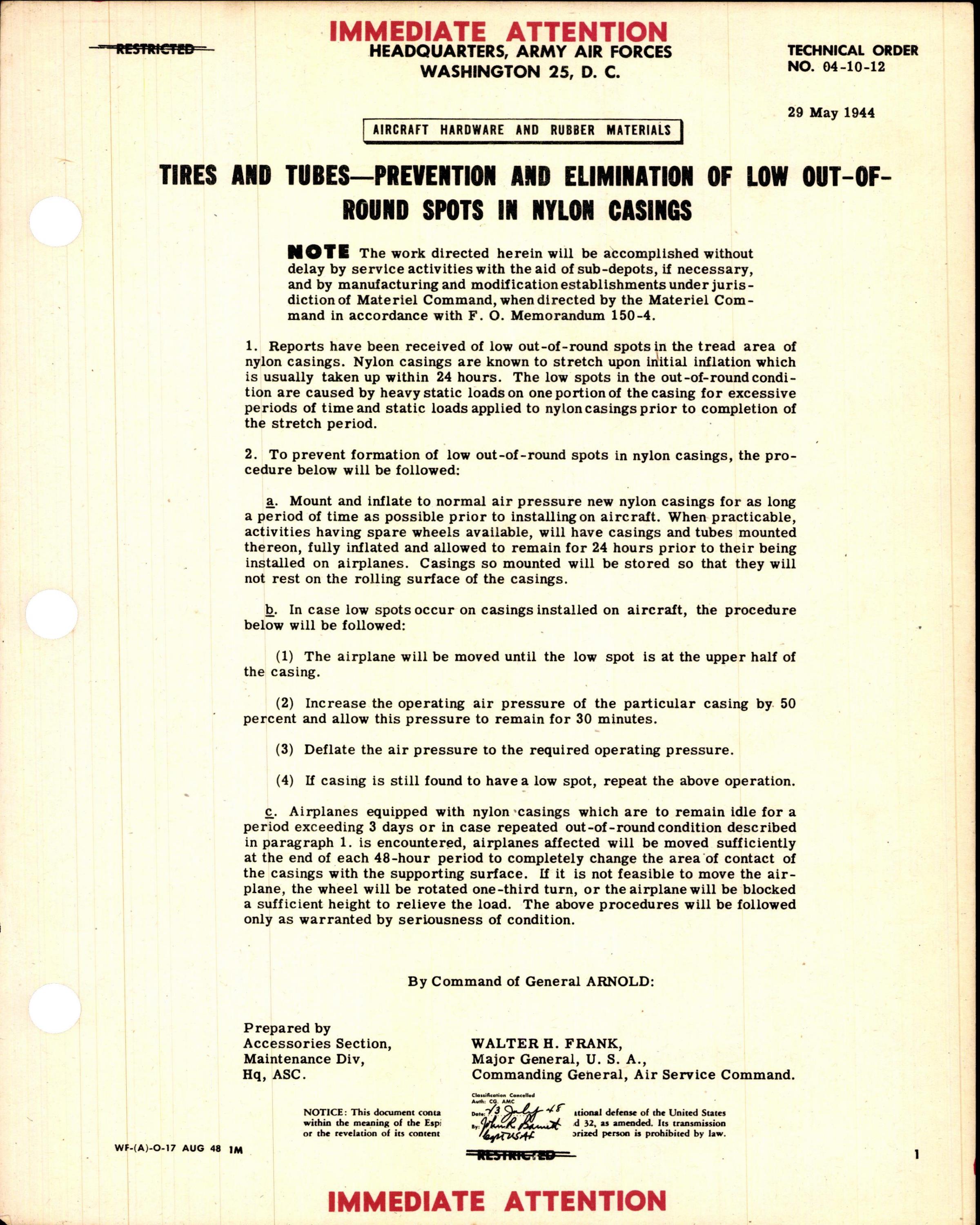 Sample page 1 from AirCorps Library document: Prevention and Elimination of Low Out-Of-Round Spots in Nylon Casings