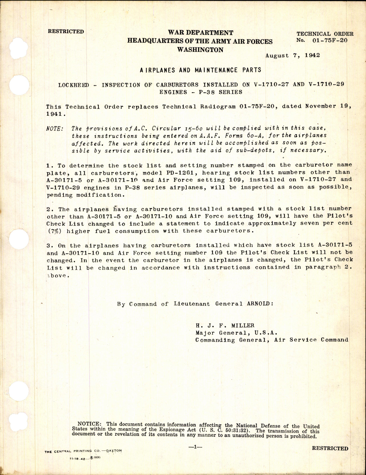 Sample page 1 from AirCorps Library document: Inspection of Carburetors Installed on V-1710-27 and -29 Engines for the P-38 Series