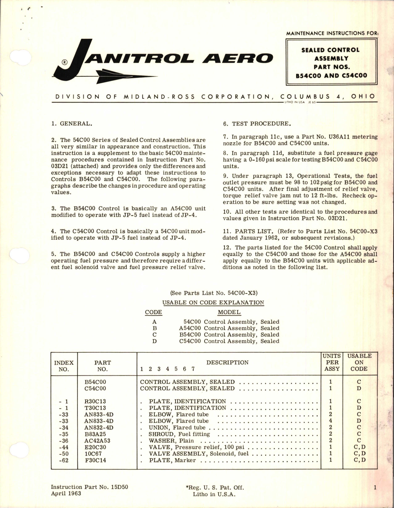 Sample page 1 from AirCorps Library document: Maintenance Instructions for Sealed Control Assembly - Parts B54C00 and C54C00