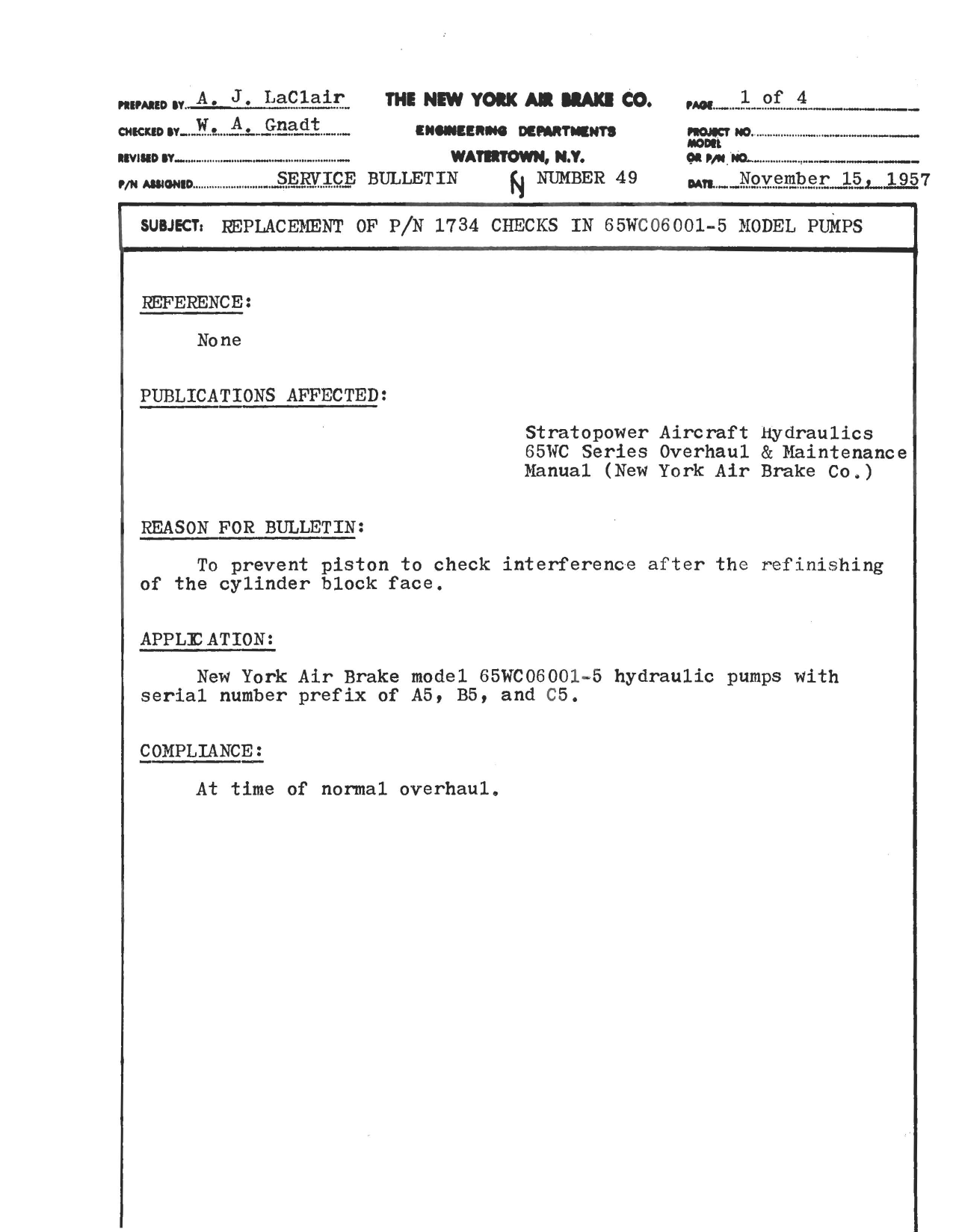 Sample page 1 from AirCorps Library document: Replacement of Part 1734 Checks in 65WC06001-5 Model Pumps