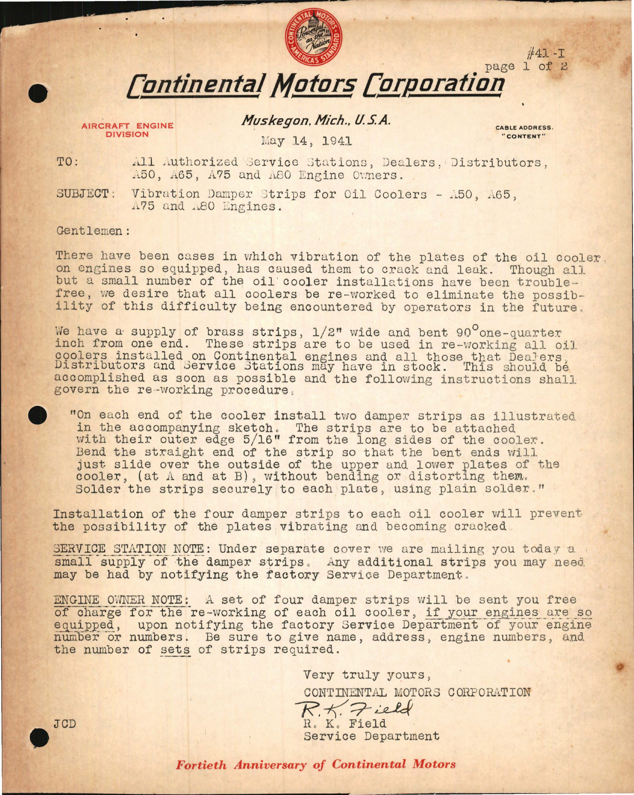 Sample page 1 from AirCorps Library document: Vibration Damper Strips for Oil Coolers - A50, A65, A75 and A80 Engines