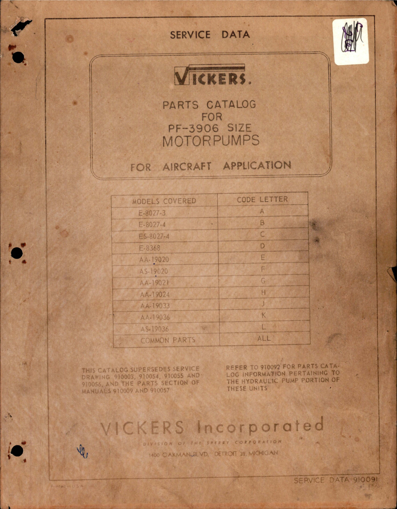 Sample page 1 from AirCorps Library document: Parts Catalog for Motorpumps - Size PF-3906 