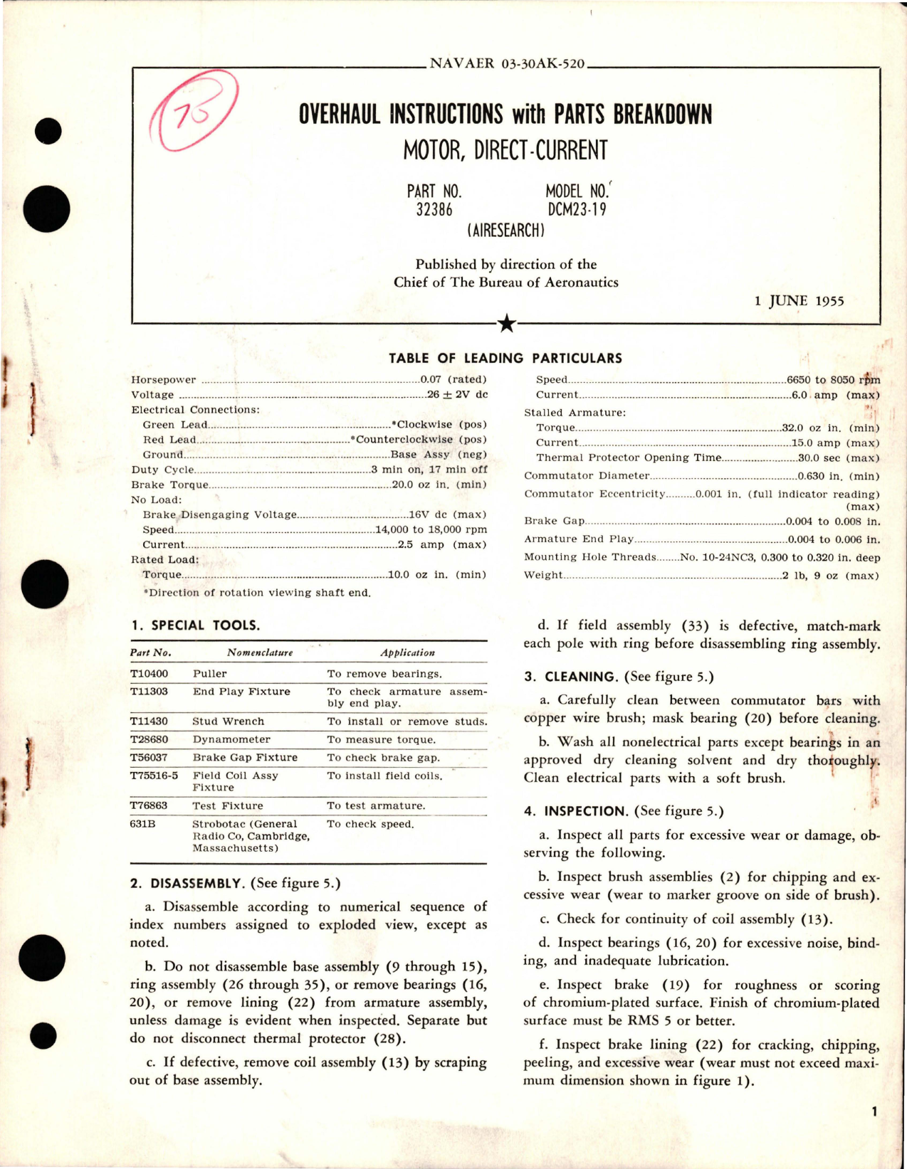Sample page 1 from AirCorps Library document: Overhaul Instructions with Parts Breakdown for Direct-Current Motor - Part 32386 - Model DCM23-19