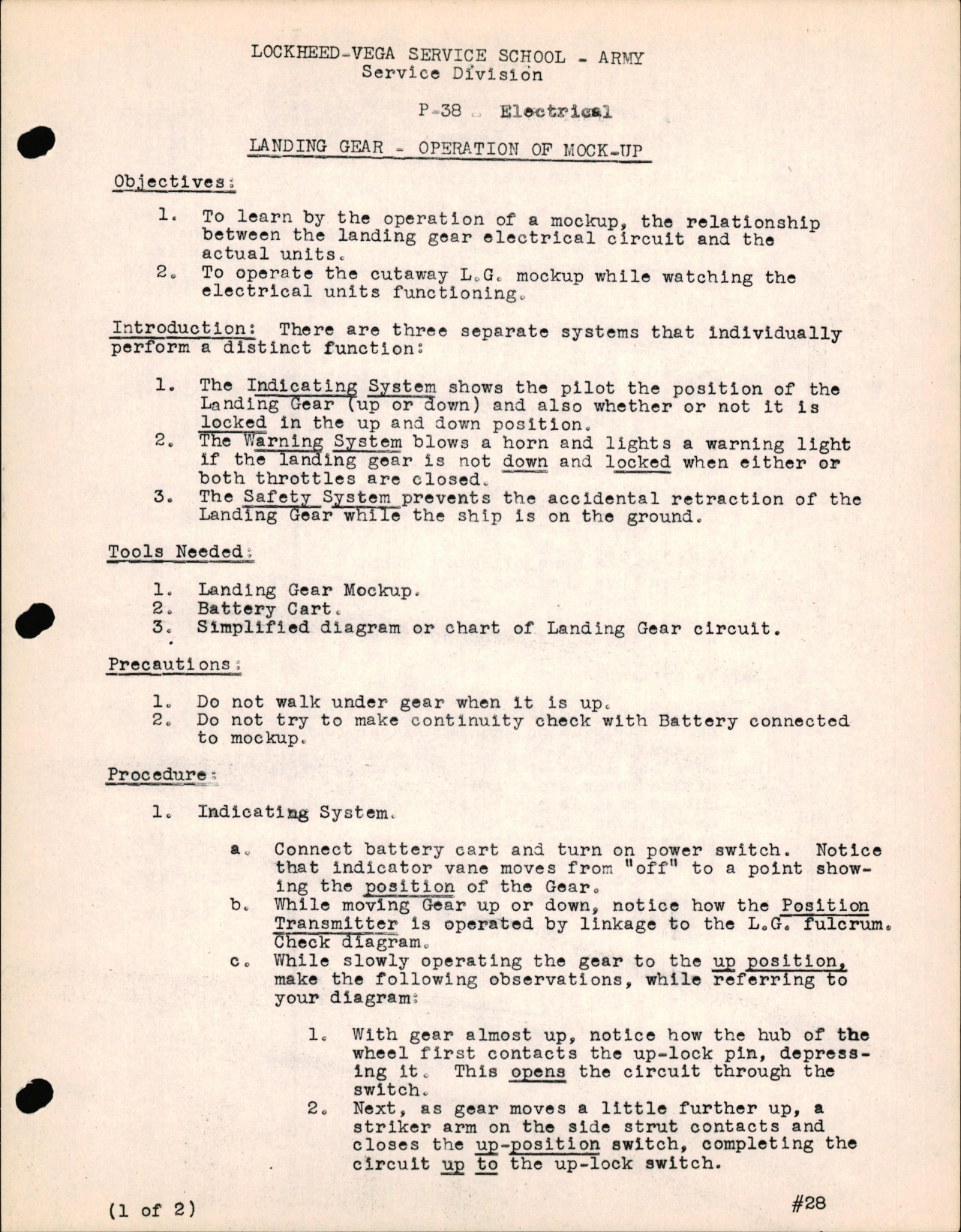 Sample page 1 from AirCorps Library document: P-38 Electrical - Landing Gear - Operation of Mock-Up