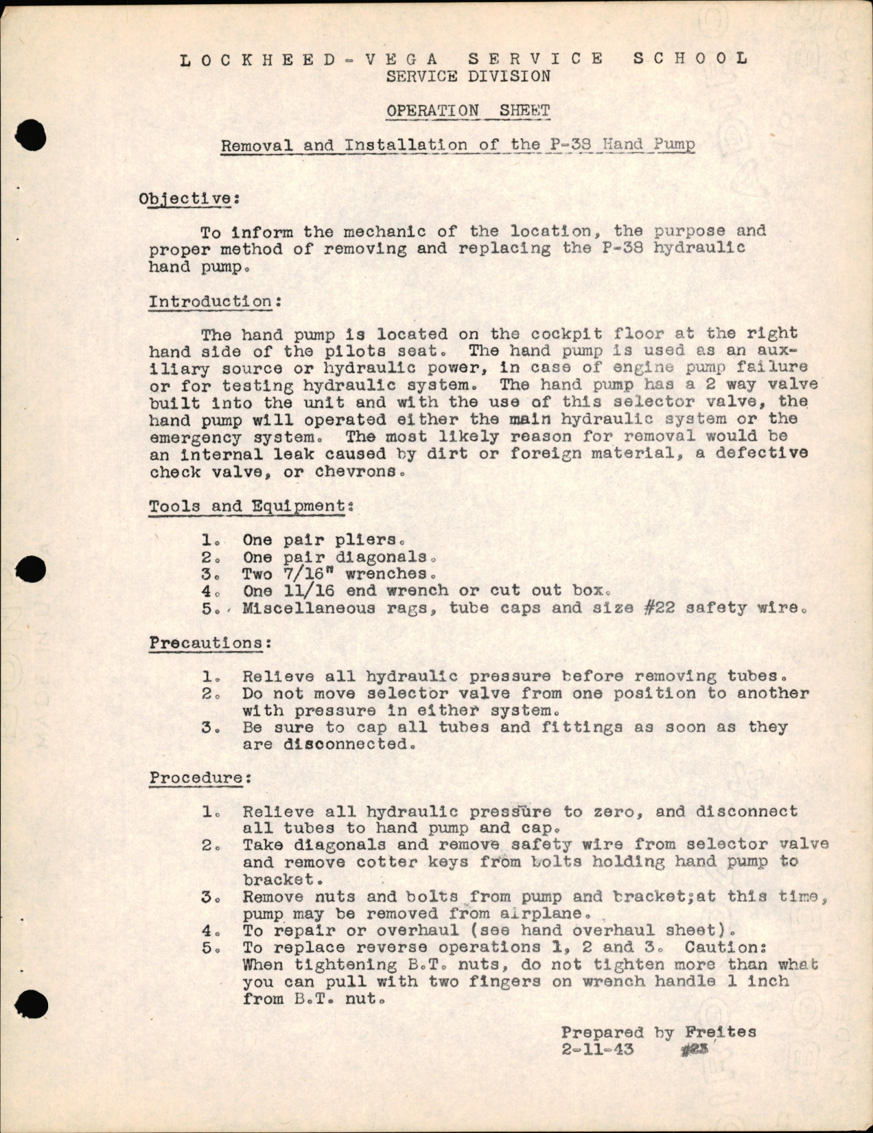 Sample page 1 from AirCorps Library document: P-38 Hydraulics - Removal & Installation of the P-38 Hand Pump