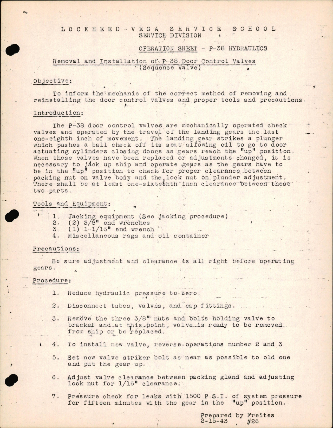 Sample page 1 from AirCorps Library document: P-38 Hydraulics - Removal & Installation of P-38 Door Control Sequence Valves,