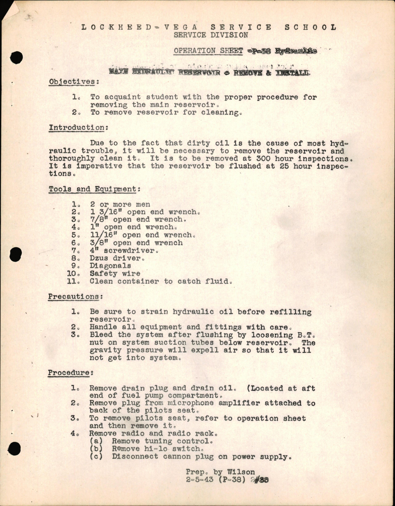 Sample page 1 from AirCorps Library document: P-38 Hydraulics - Main Hydraulic Reservoir - Remove & Install