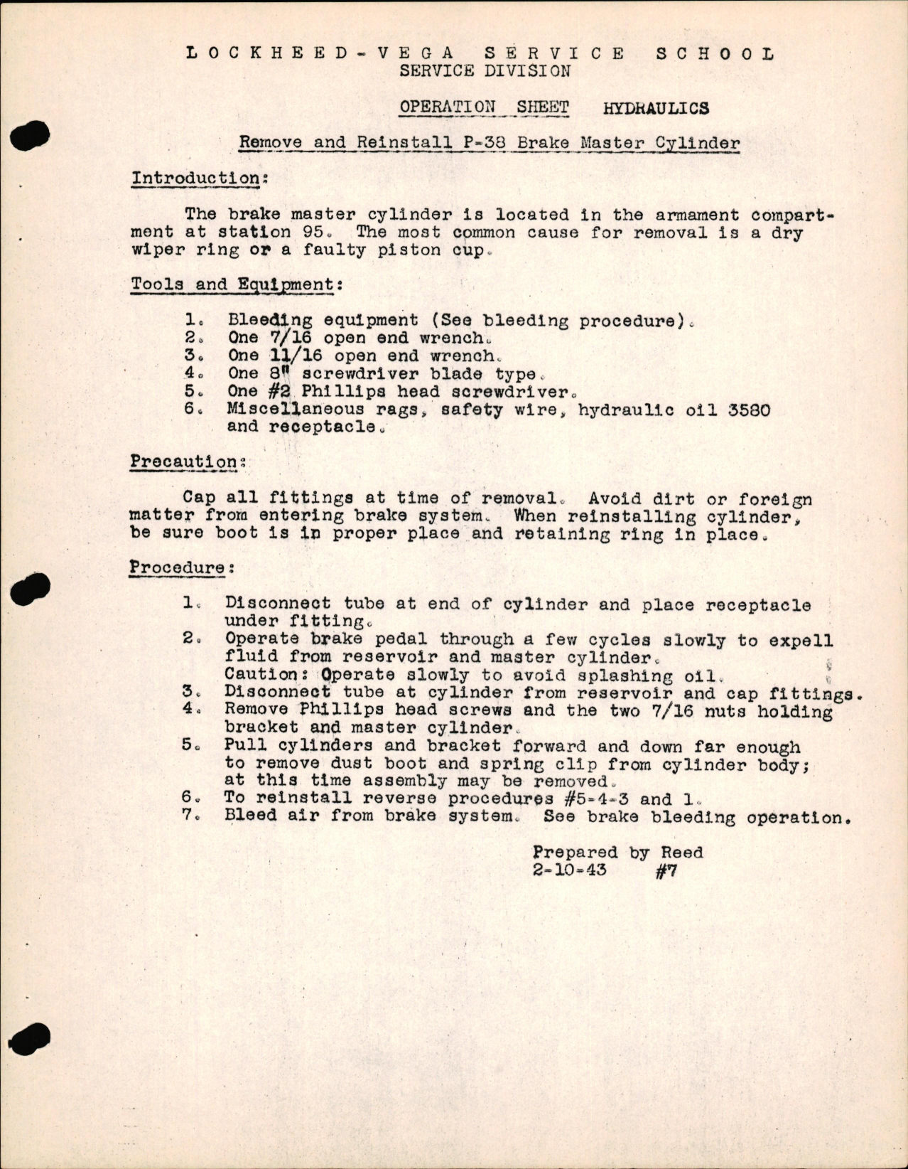 Sample page 1 from AirCorps Library document: P-38 Hydraulics - Remove & Reinstall of P-38 Brake Master Cylinder