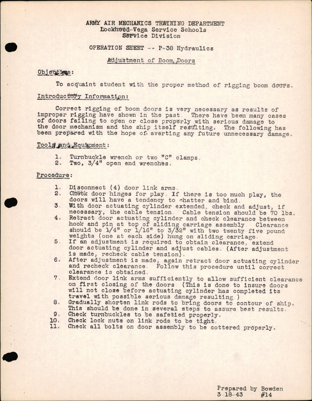 Sample page 1 from AirCorps Library document: P-38 Hydraulics - Adjustment of Boom Doors