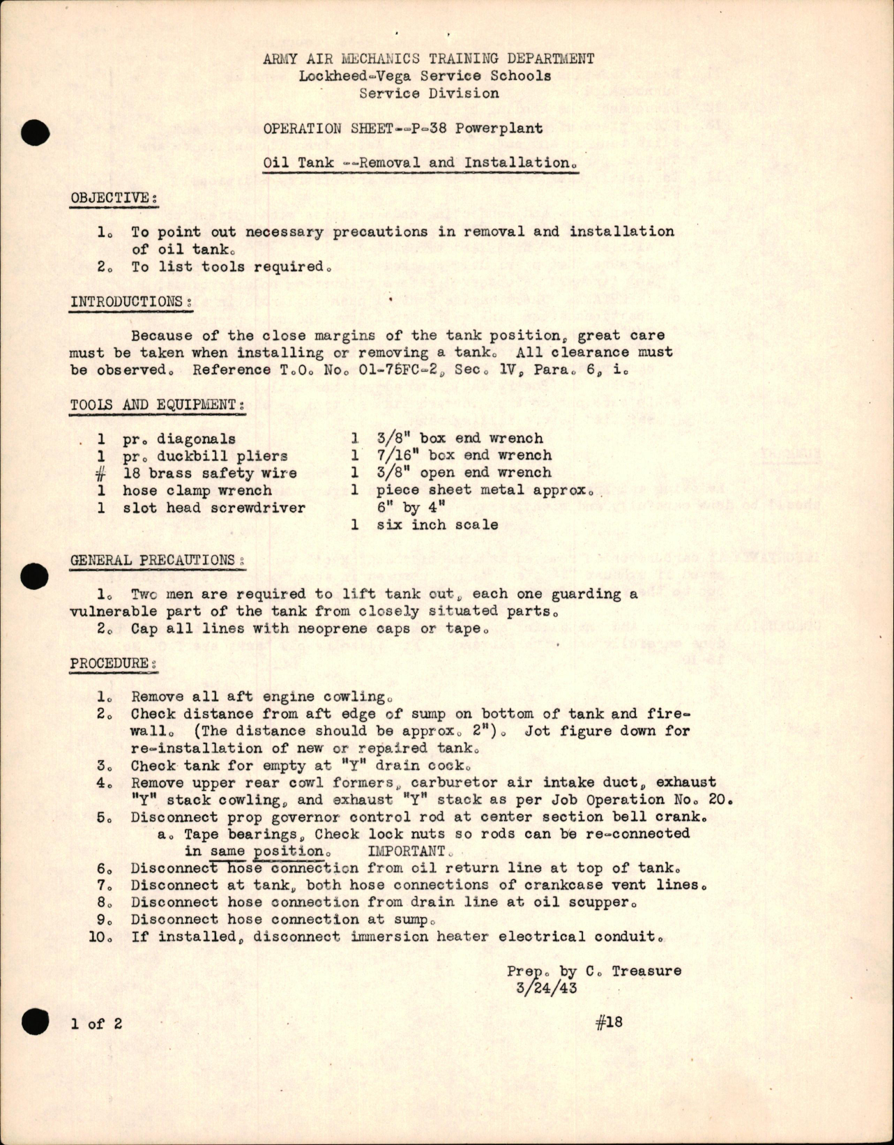 Sample page 1 from AirCorps Library document: P-38 Powerplant - Oil Tank - Removal & Installation