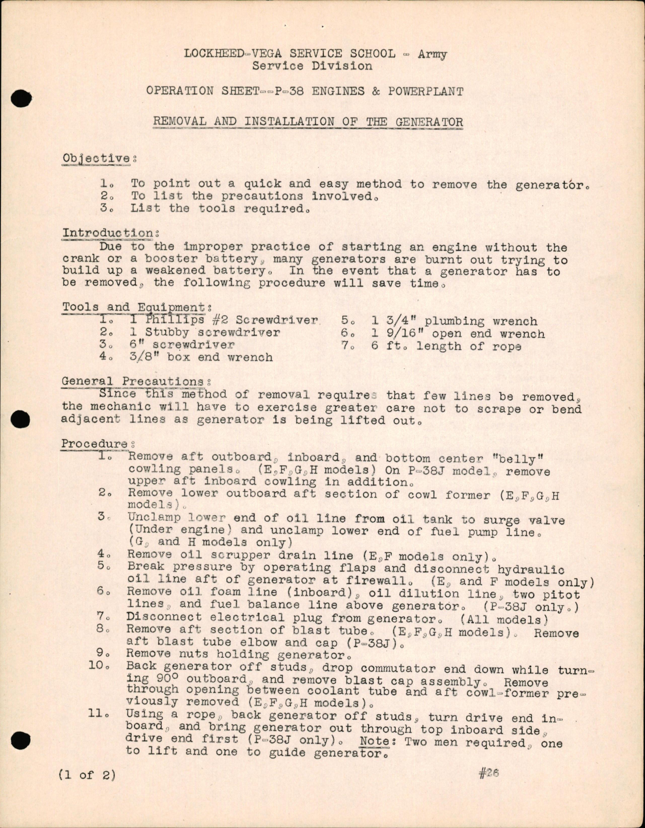 Sample page 1 from AirCorps Library document: P-38 Engines & Powerplant - Removal & Installation of the Generator