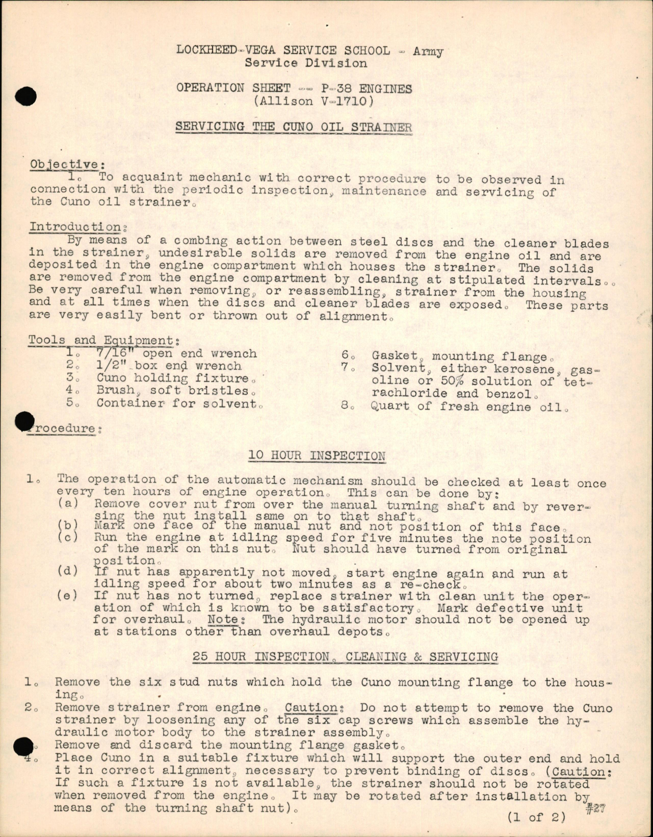 Sample page 1 from AirCorps Library document: P-38 Engines (Allison V-1710) - Servicing the Cuno Oil Strainer