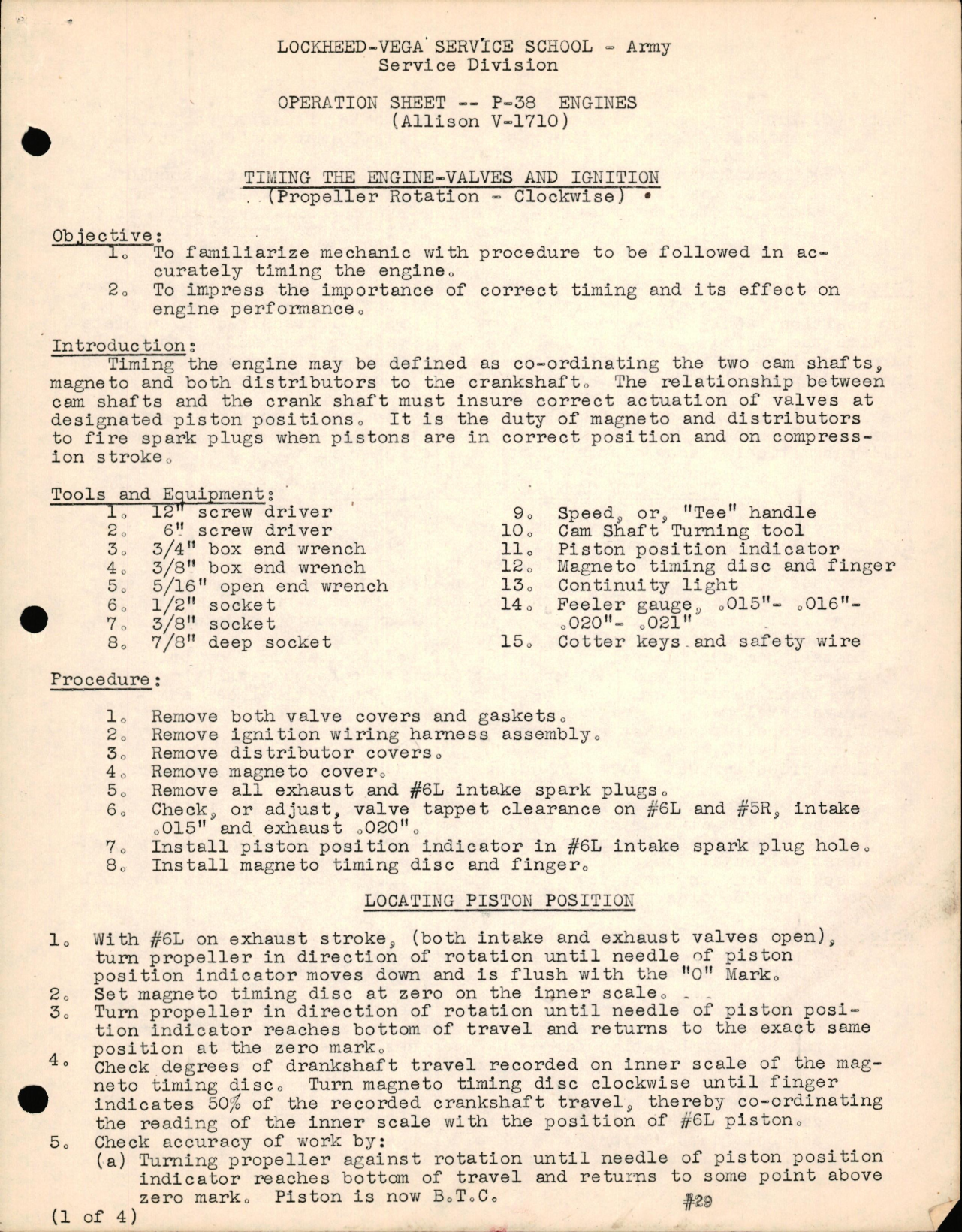 Sample page 1 from AirCorps Library document: P-38 Engines (Allison V-1710) - Timing the Engine - Valves & Ignition (Clockwise Propeller Rotation)