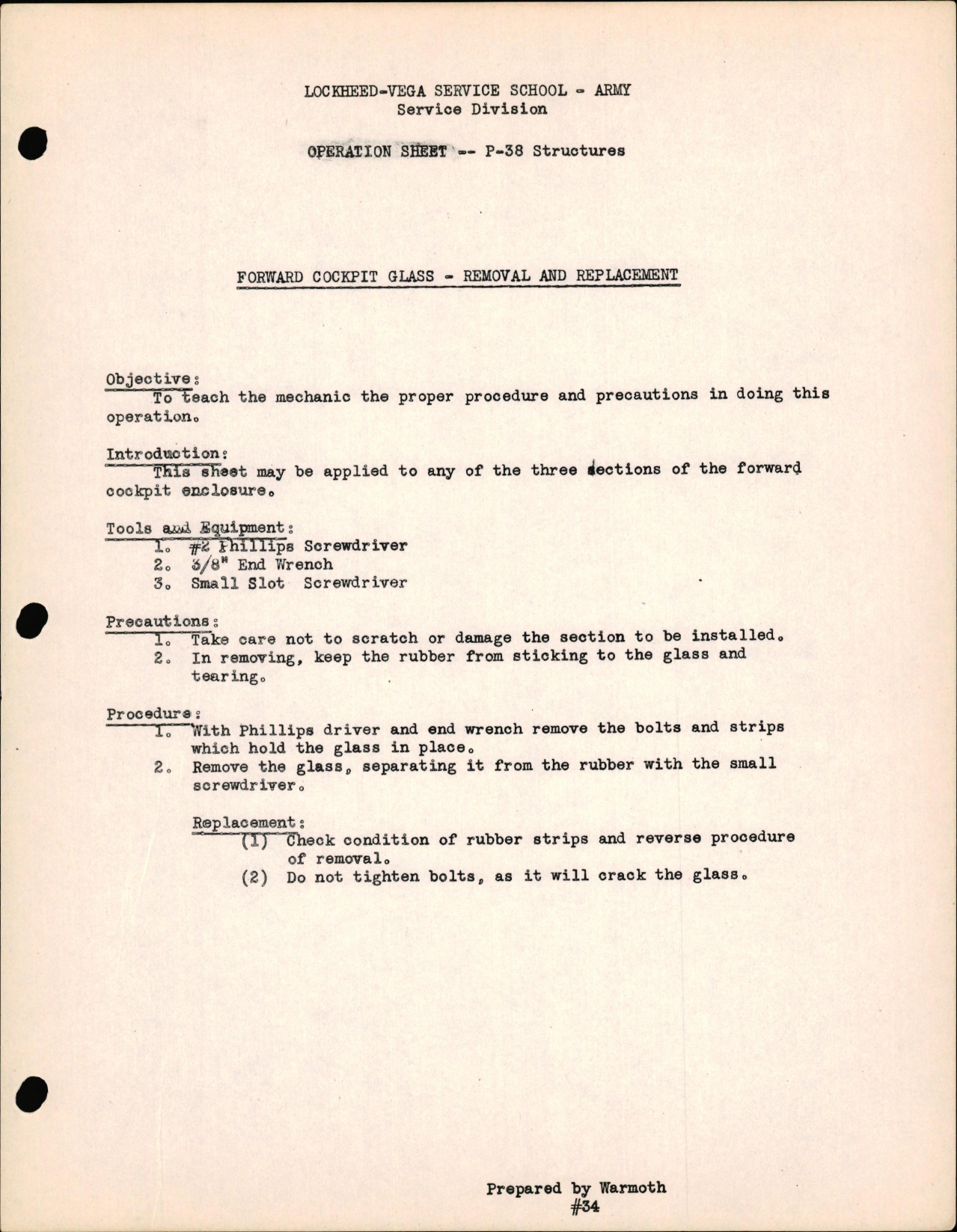 Sample page 1 from AirCorps Library document: P-38 Structures - Forward Cockpit Glass - Removal & Replacement,