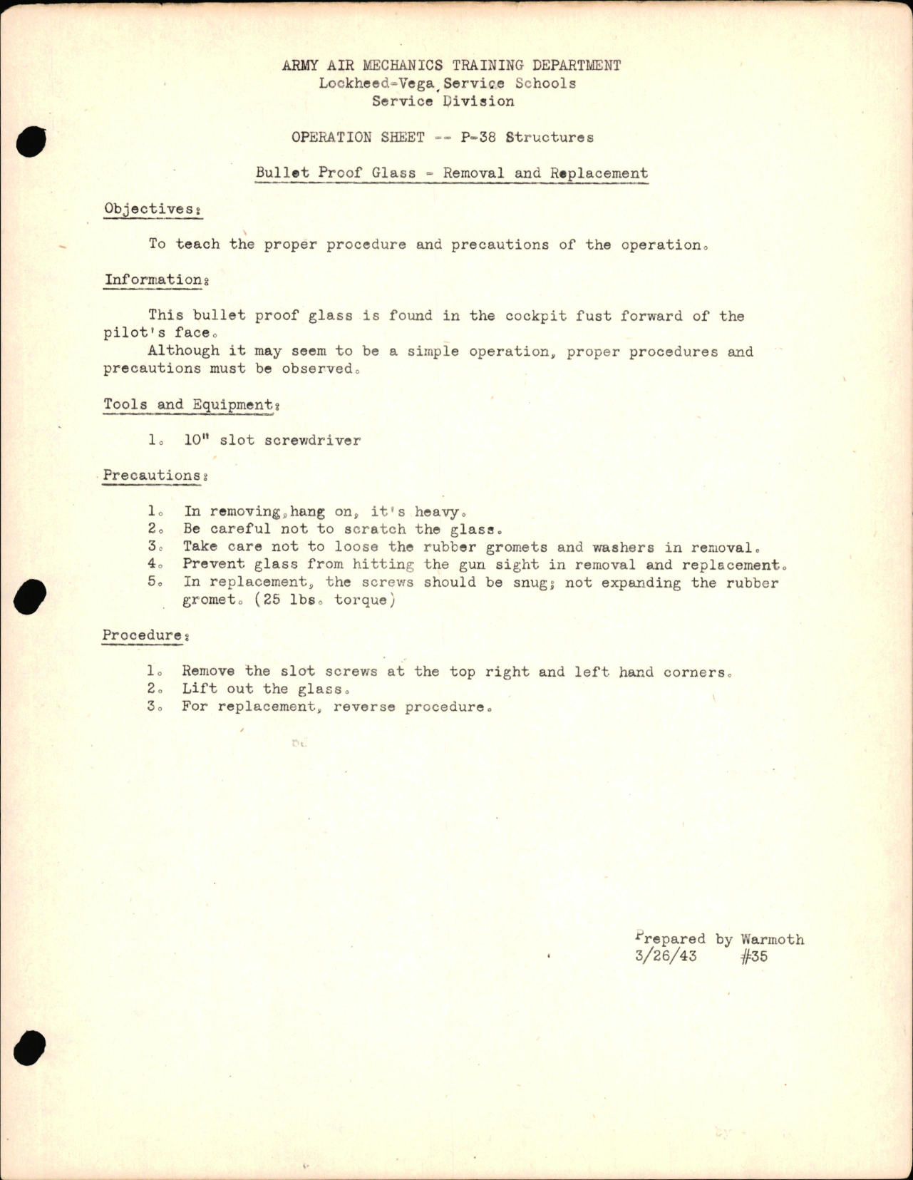 Sample page 1 from AirCorps Library document: P-38 Structures - Bullet Proof Glass - Removal & Replacement