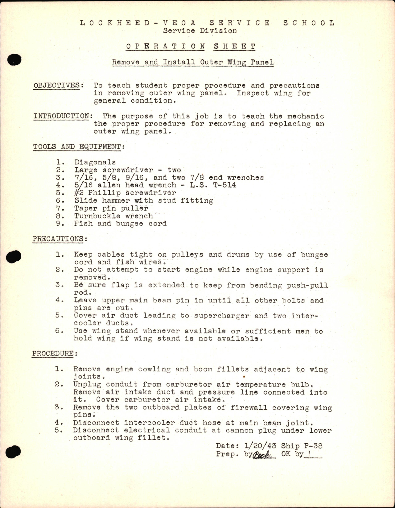 Sample page 1 from AirCorps Library document: P-38 Structures - Remove & Install Outer Wing Panel