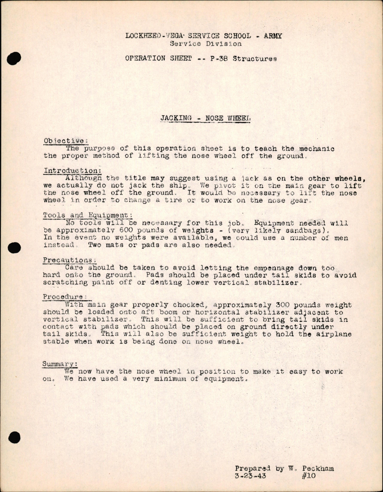 Sample page 1 from AirCorps Library document: P-38 Structures - Jacking - Nose Wheel