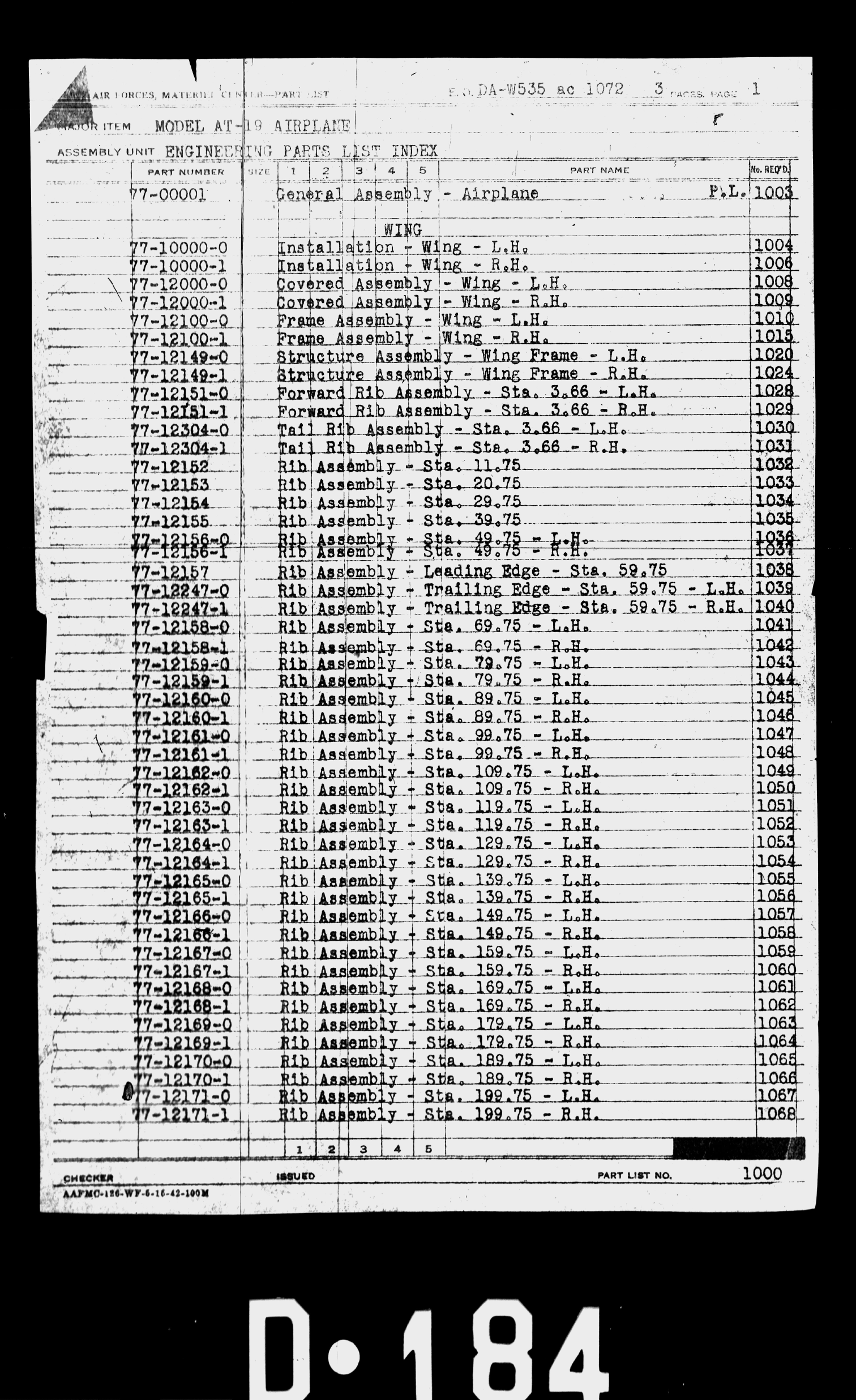 Sample page 1 from AirCorps Library document: AT-19 Engineering Parts List Index