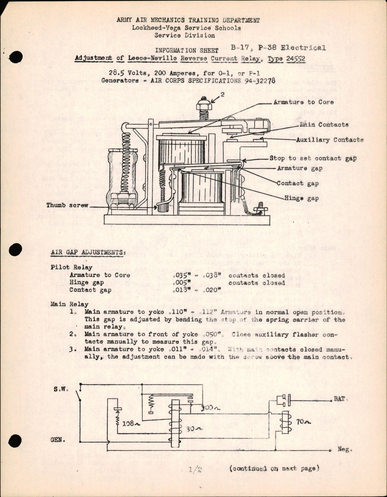 Sample page 1 from AirCorps Library document: B-17 & P-38 Electrical - Adjustment of Leece-Neville Reverse Current Relay Type 24552
