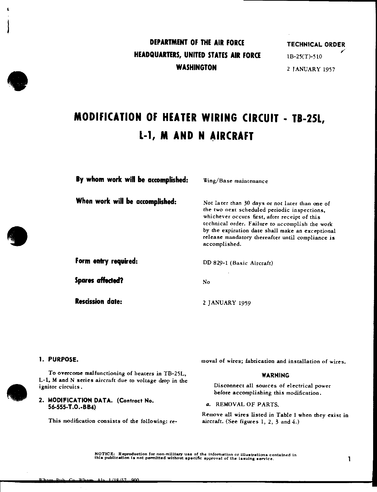 Sample page 1 from AirCorps Library document: Modification of Heater Wiring Circuit - TB-25L, L-1, M and N Aircraft