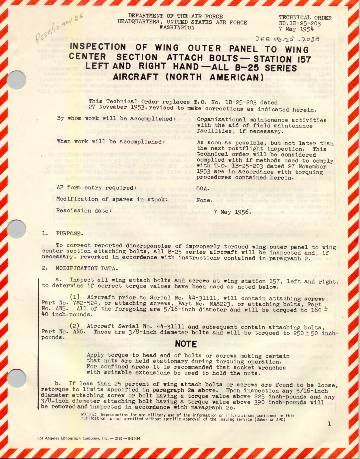 Sample page 1 from AirCorps Library document: Inspection of Wing Outer Panel to Wing Center Section Attach Bolts - Station 157 Left and Right Hand - All B-25 Series Aircraft (North American)